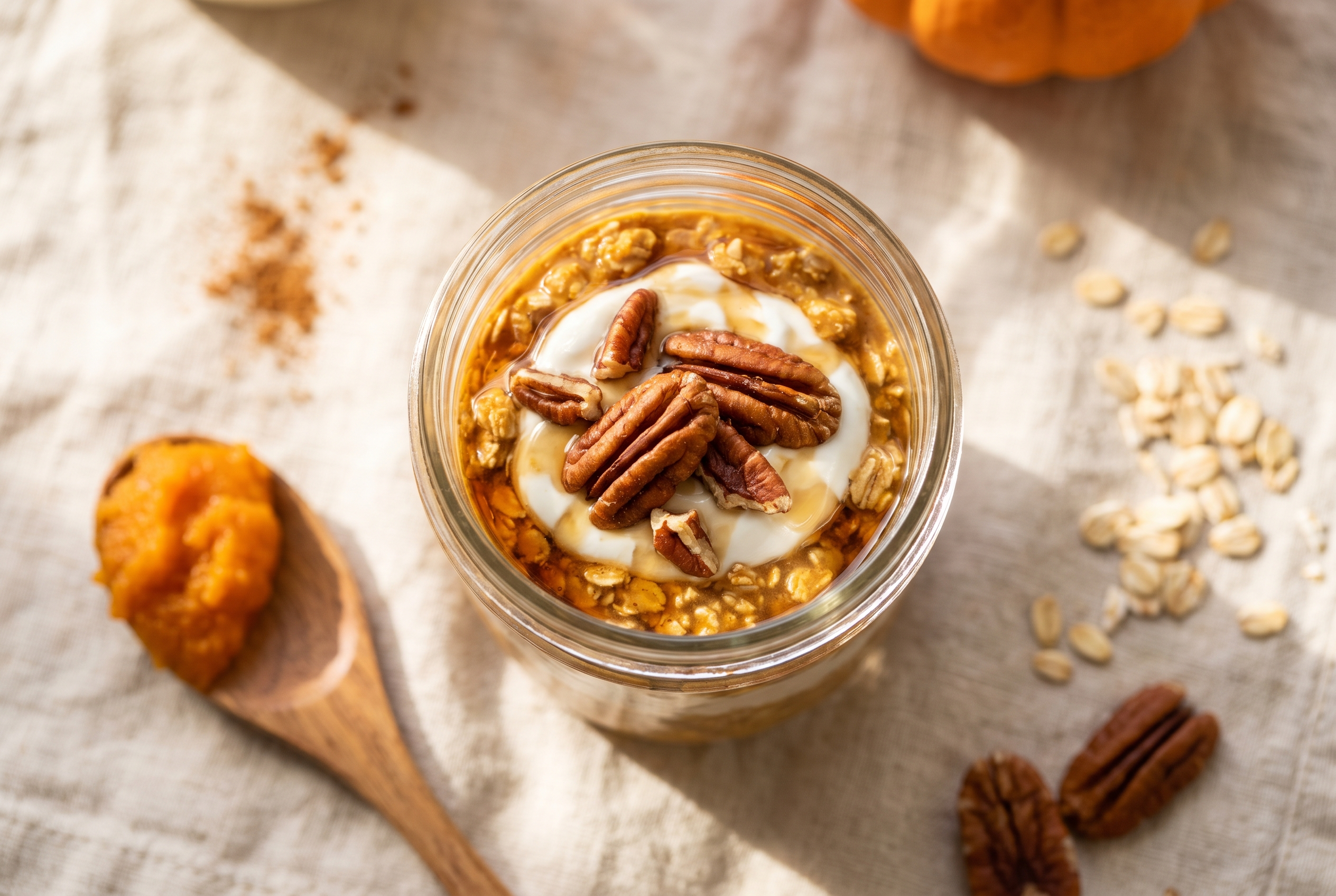 Pumpkin overnight oats in a glass jar layered with creamy spiced pumpkin oats, Greek yogurt, pecans and a drizzle of maple syrup, 26g protein quick breakfast