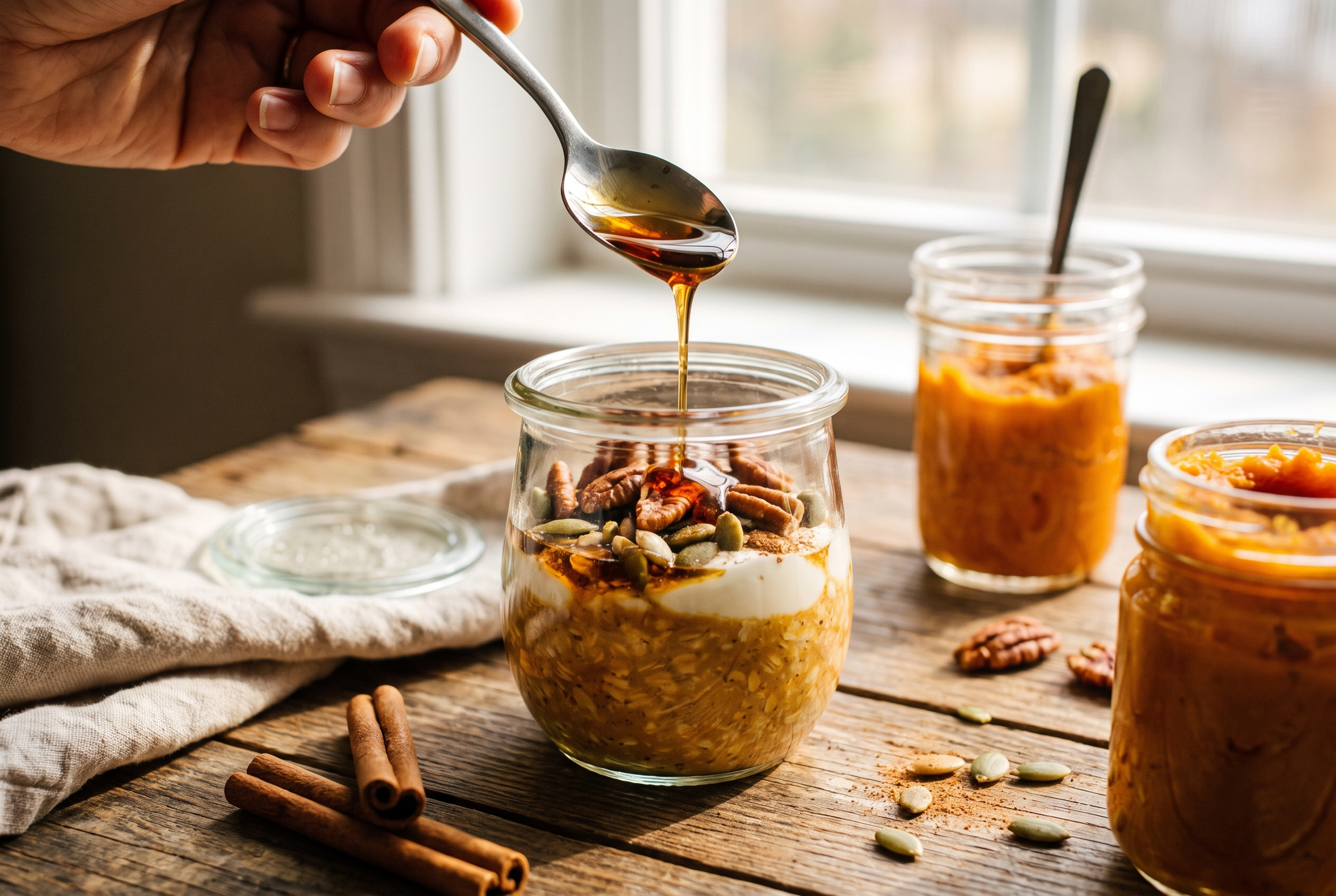 Close-up process photo of pumpkin overnight oats topped with toasted pecans, Greek yogurt and a maple drizzle in a glass jar