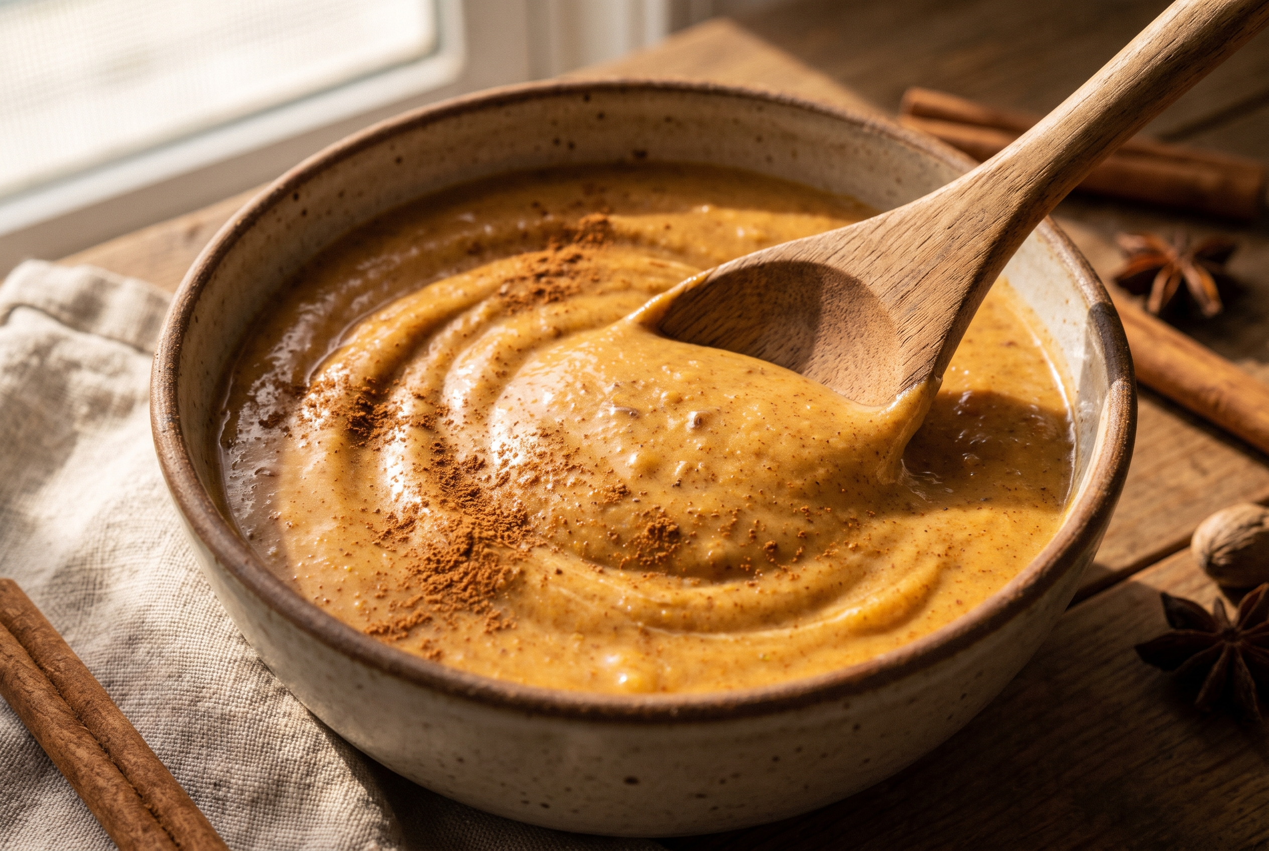 Close-up process photo of pumpkin pie spice and cinnamon being stirred into a smooth pumpkin yogurt mixture