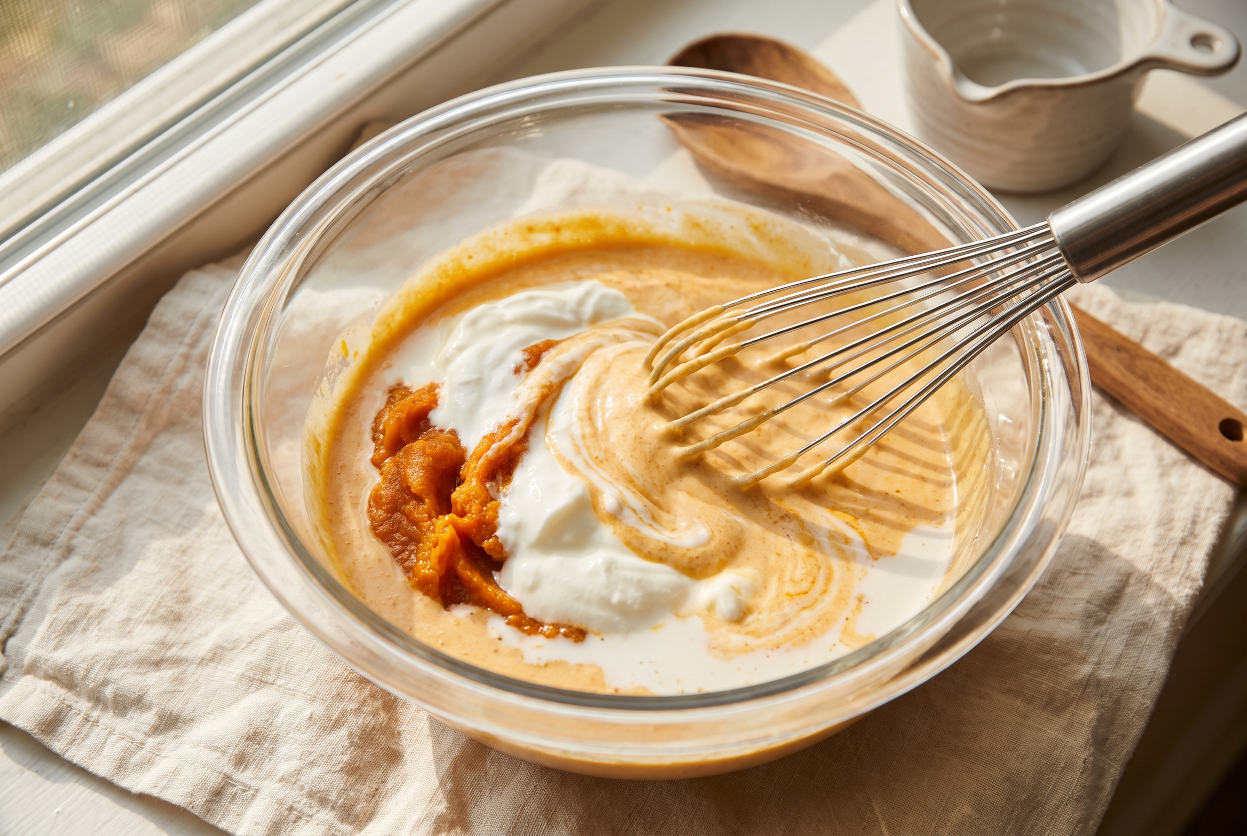 Close-up process photo of pumpkin purée, Greek yogurt and milk being whisked smooth in a glass bowl, cream linen