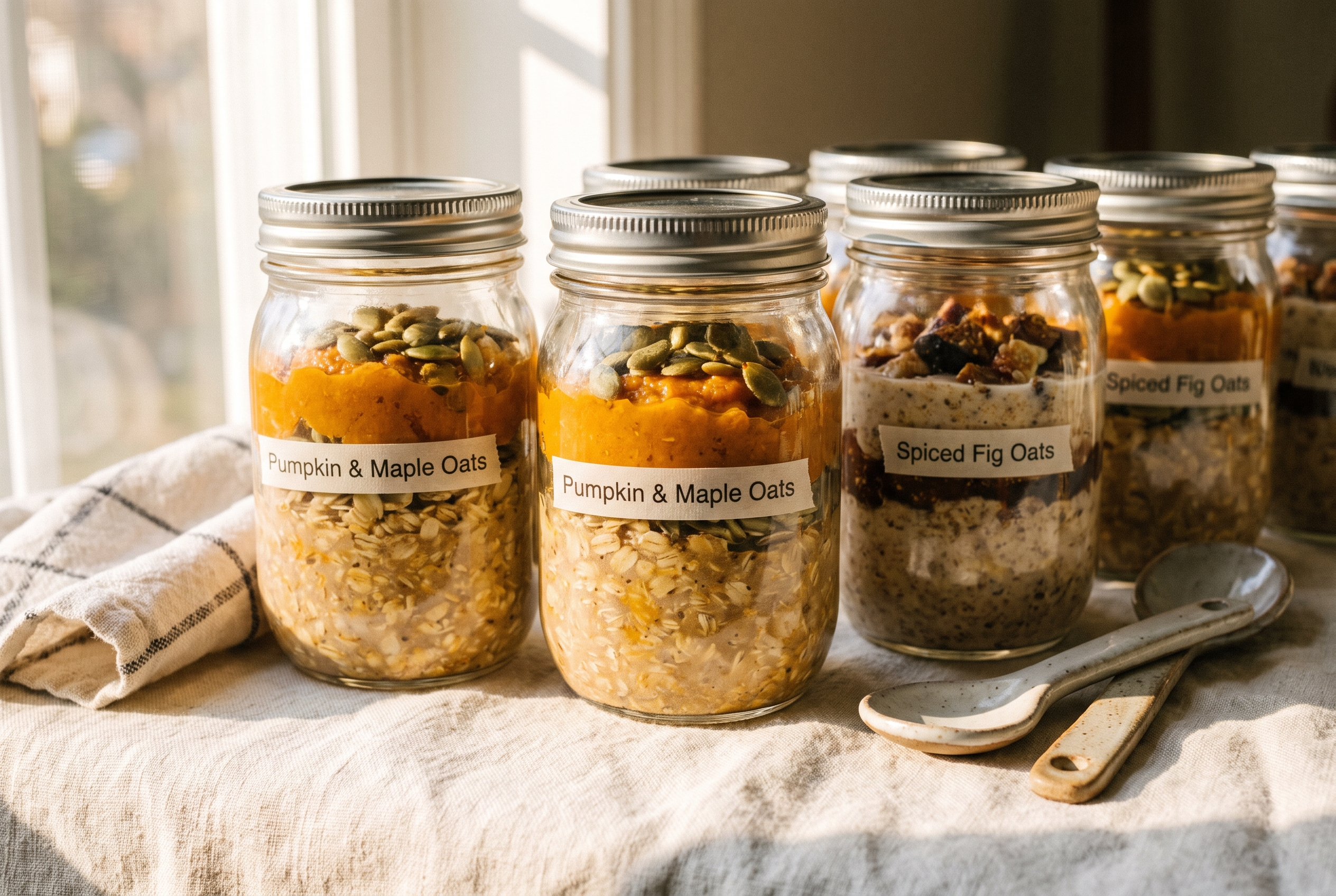 Close-up process photo of sealed glass jars of pumpkin overnight oats lined up on a cream linen surface