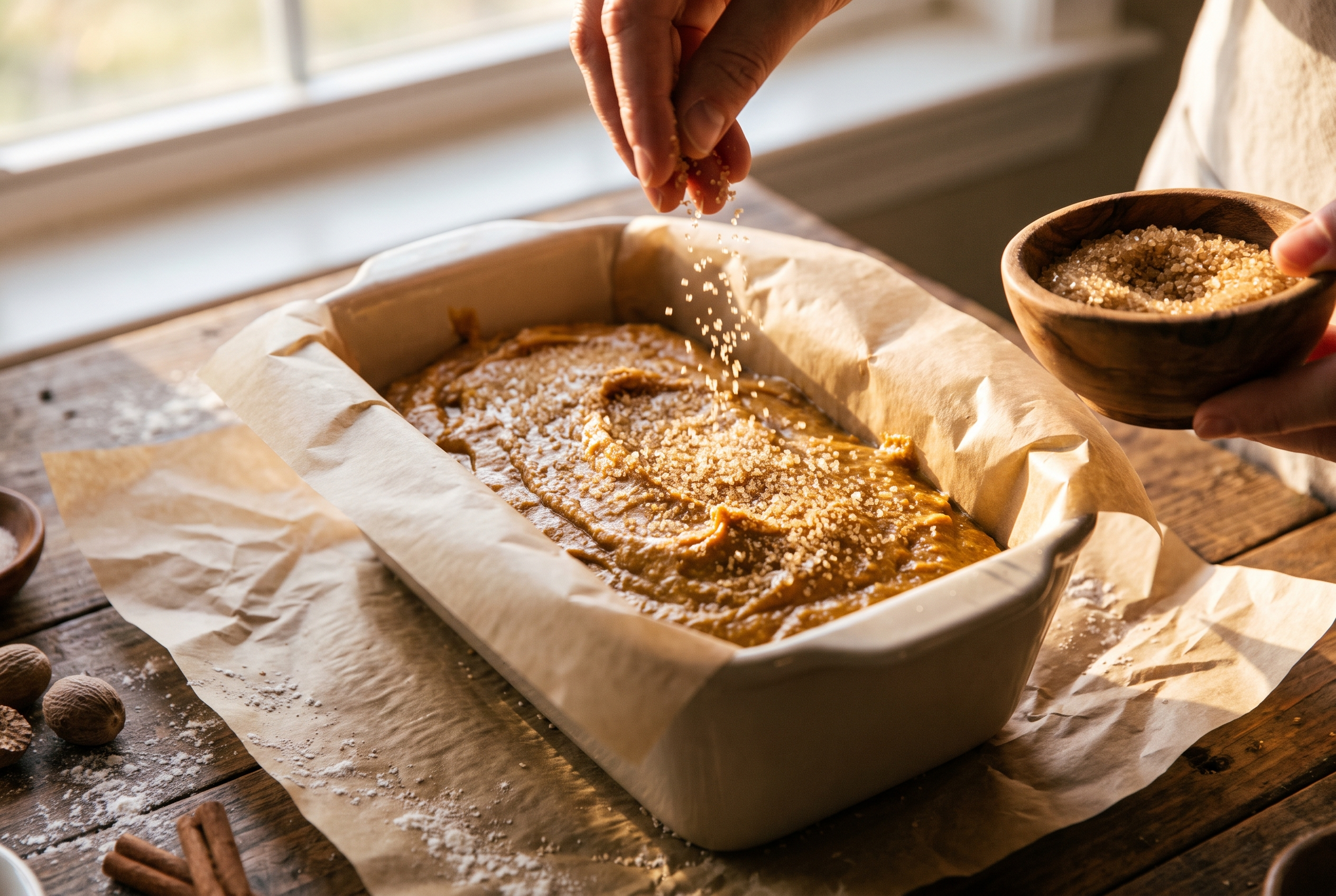 Close-up process photo of pumpkin batter in a parchment-lined loaf pan being scattered with coarse turbinado sugar