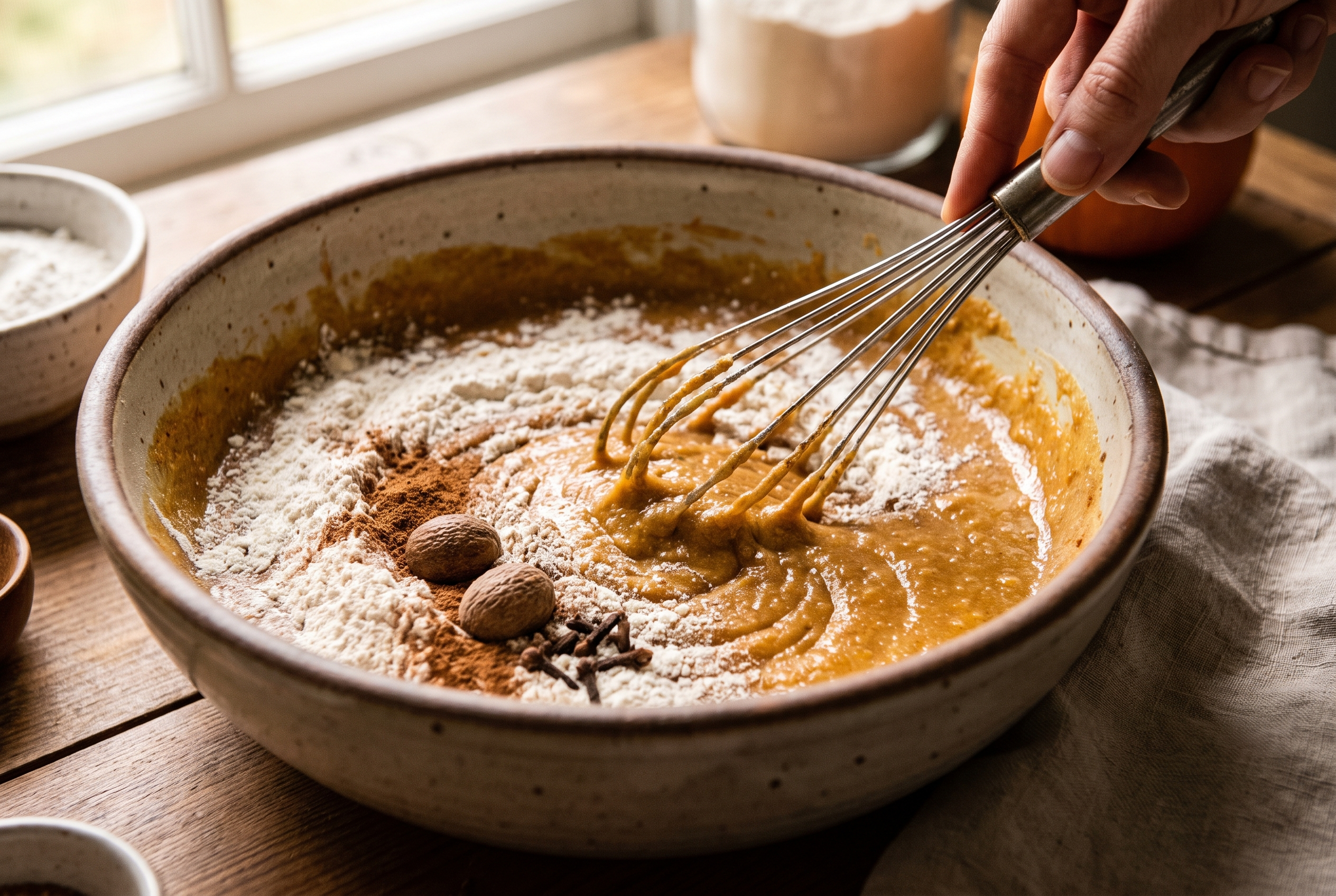 Close-up process photo of flour and spices added on top of a wet pumpkin batter, being whisked together on the surface