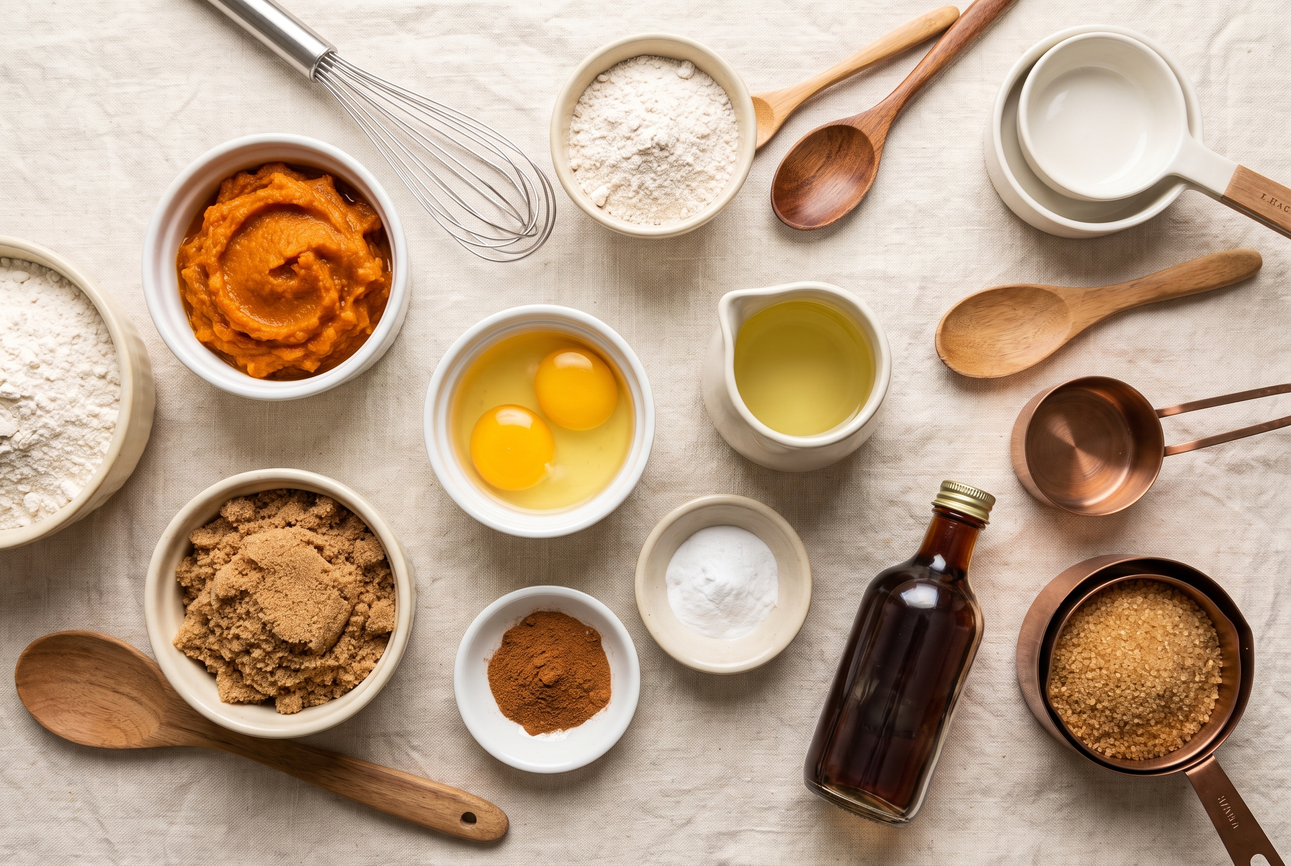 Overhead flat-lay of ingredients for pumpkin bread in small white bowls — pumpkin purée, flour, brown sugar, eggs, vegetable oil, pumpkin pie spice, baking soda, vanilla and turbinado sugar