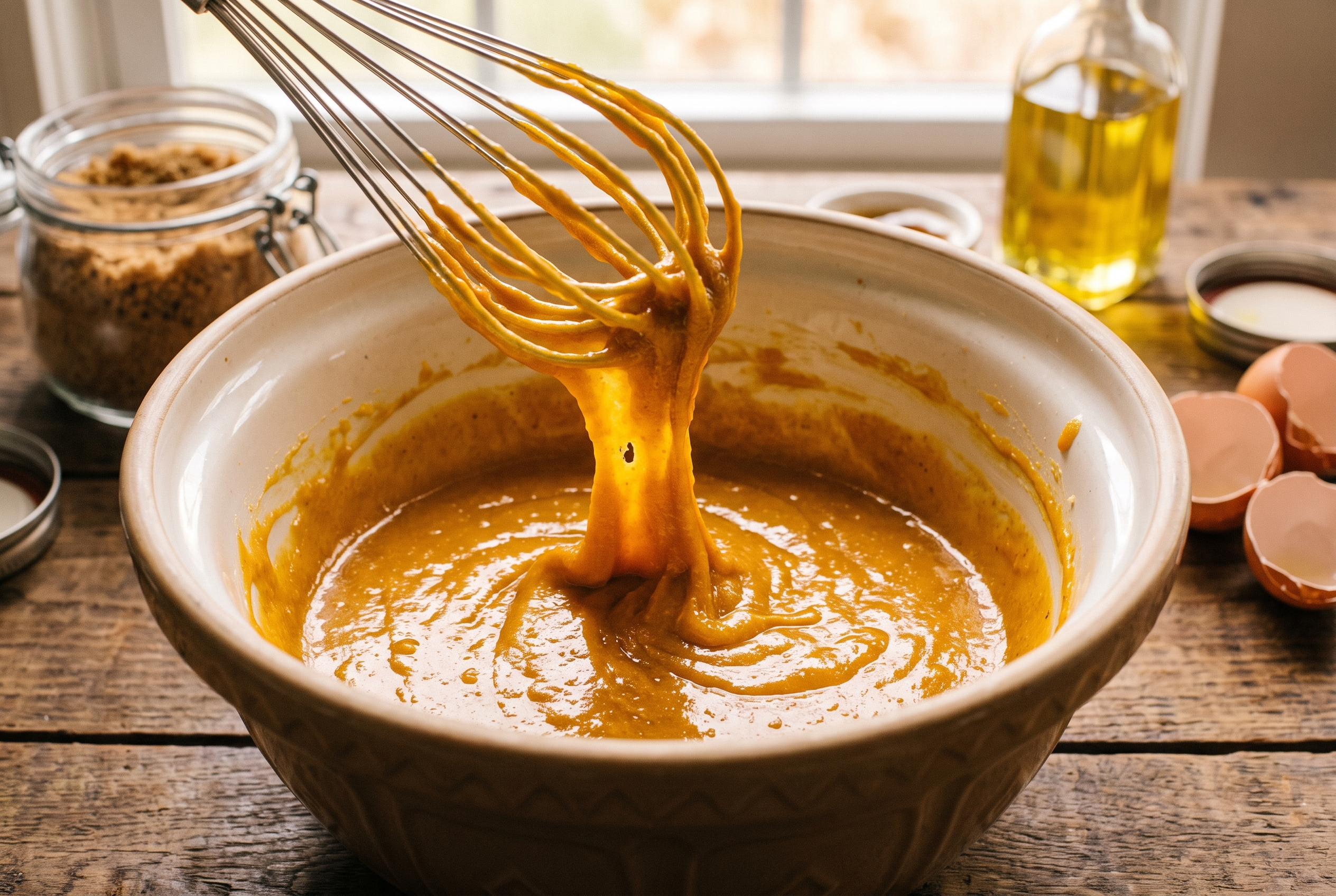 Close-up process photo of pumpkin purée, brown sugar, oil and eggs being whisked smooth and glossy in a large bowl