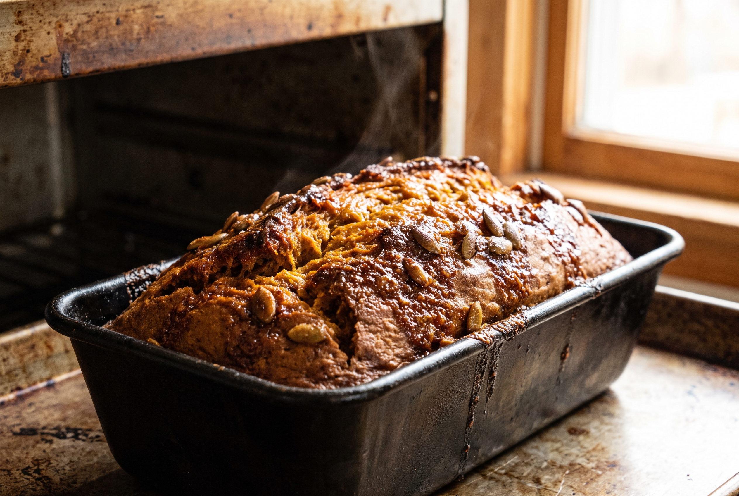 Close-up process photo of pumpkin bread baking in a loaf pan with a cracked risen top and caramelized sugar crust