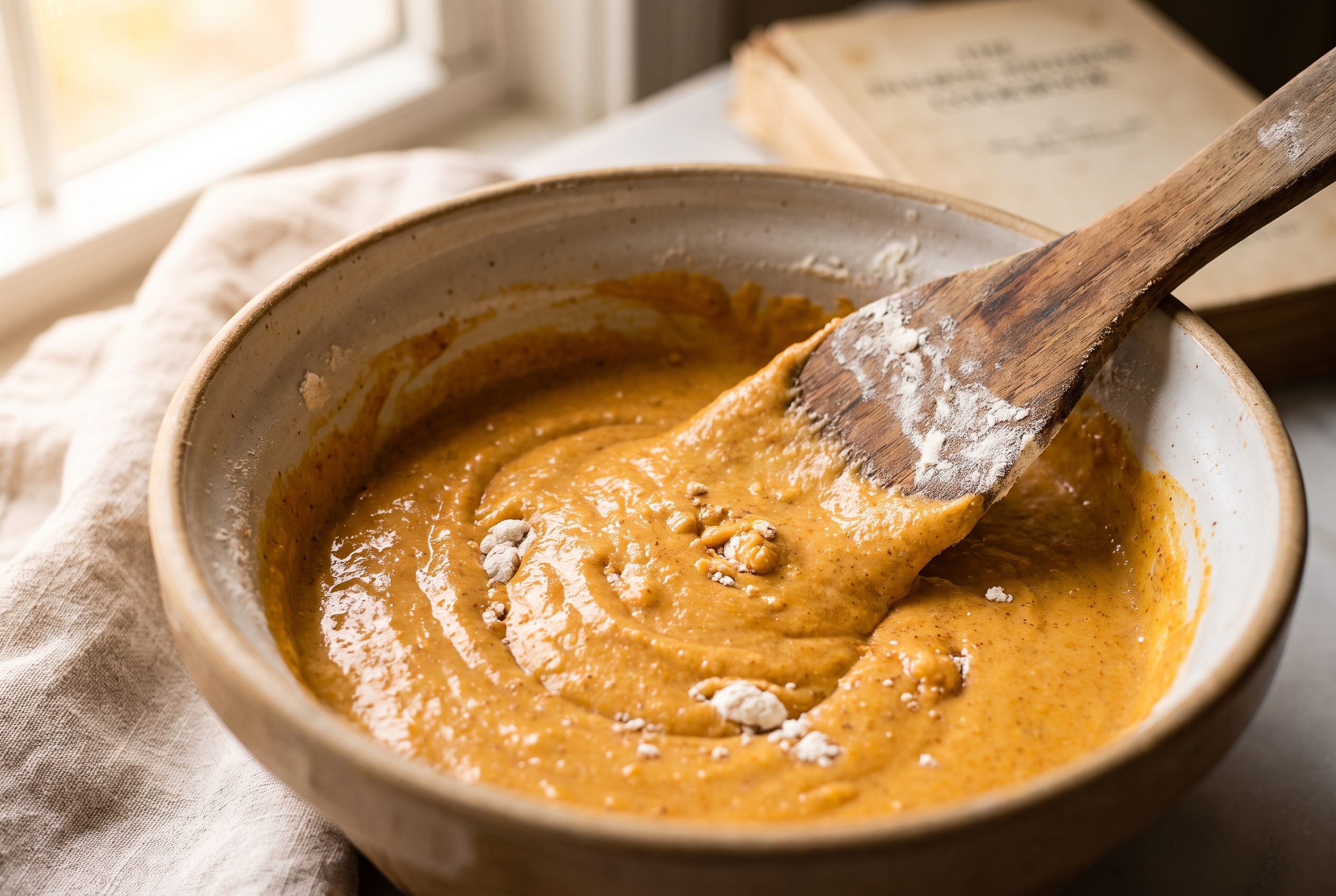 Close-up process photo of thick pumpkin batter being folded gently with a spatula until just combined, a few lumps visible