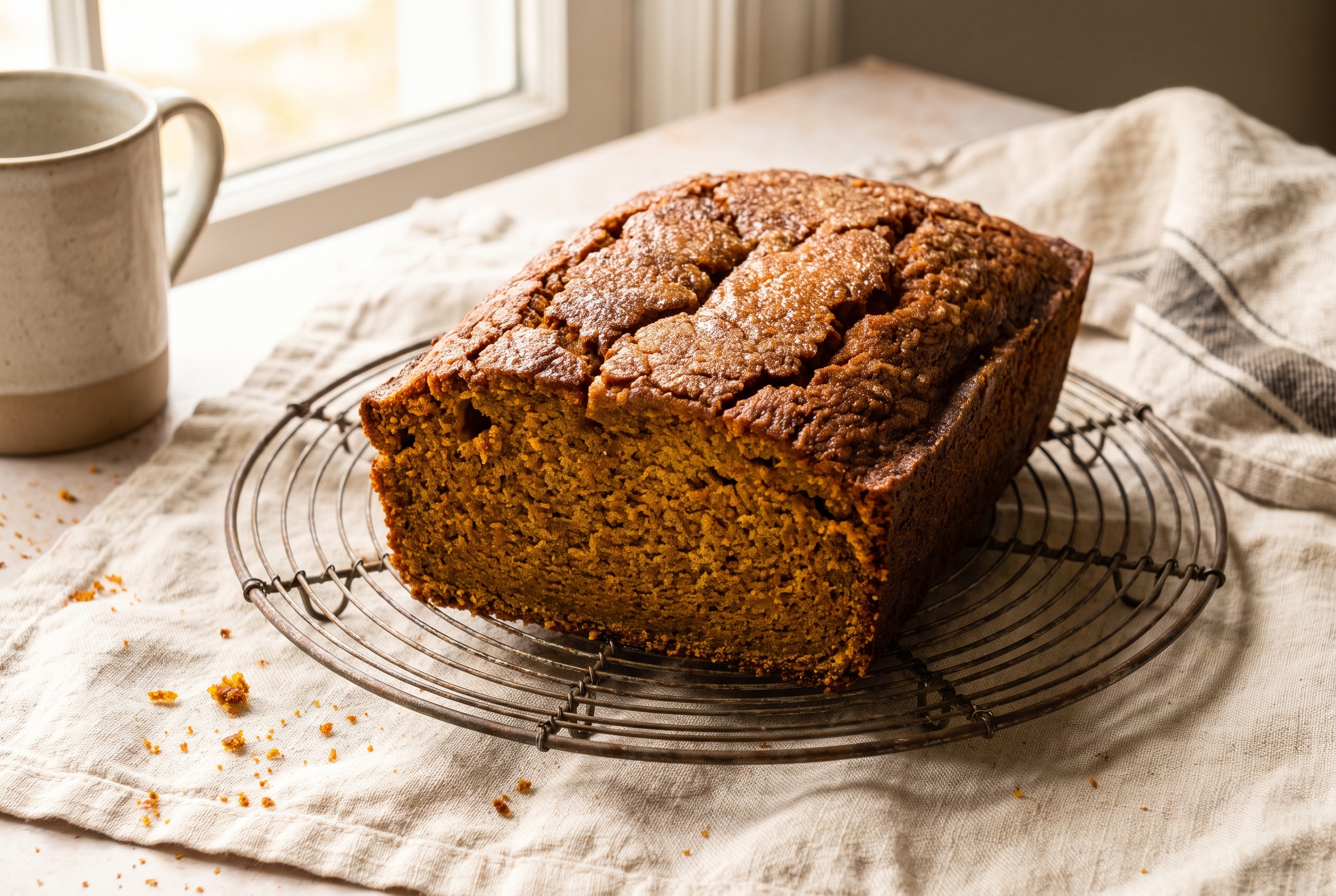 Close-up process photo of baked pumpkin bread cooling on a wire rack with a crackly sugar top, cream linen