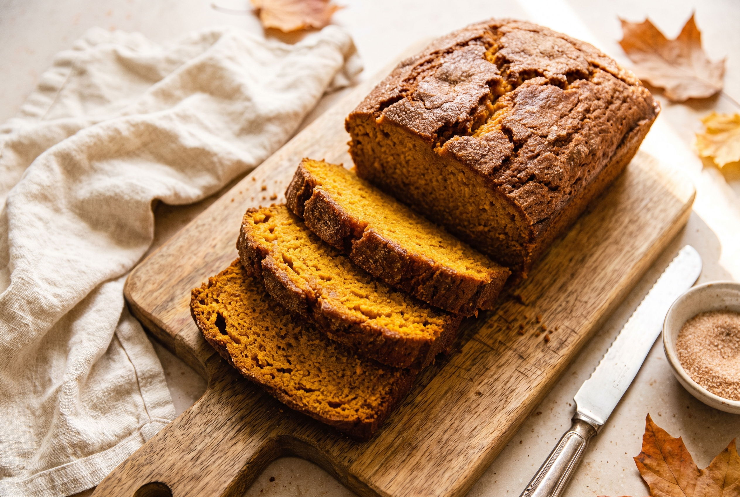 Moist pumpkin bread sliced on a wooden board showing a tender orange crumb with a crackly cinnamon sugar top, easy one bowl fall baking recipe