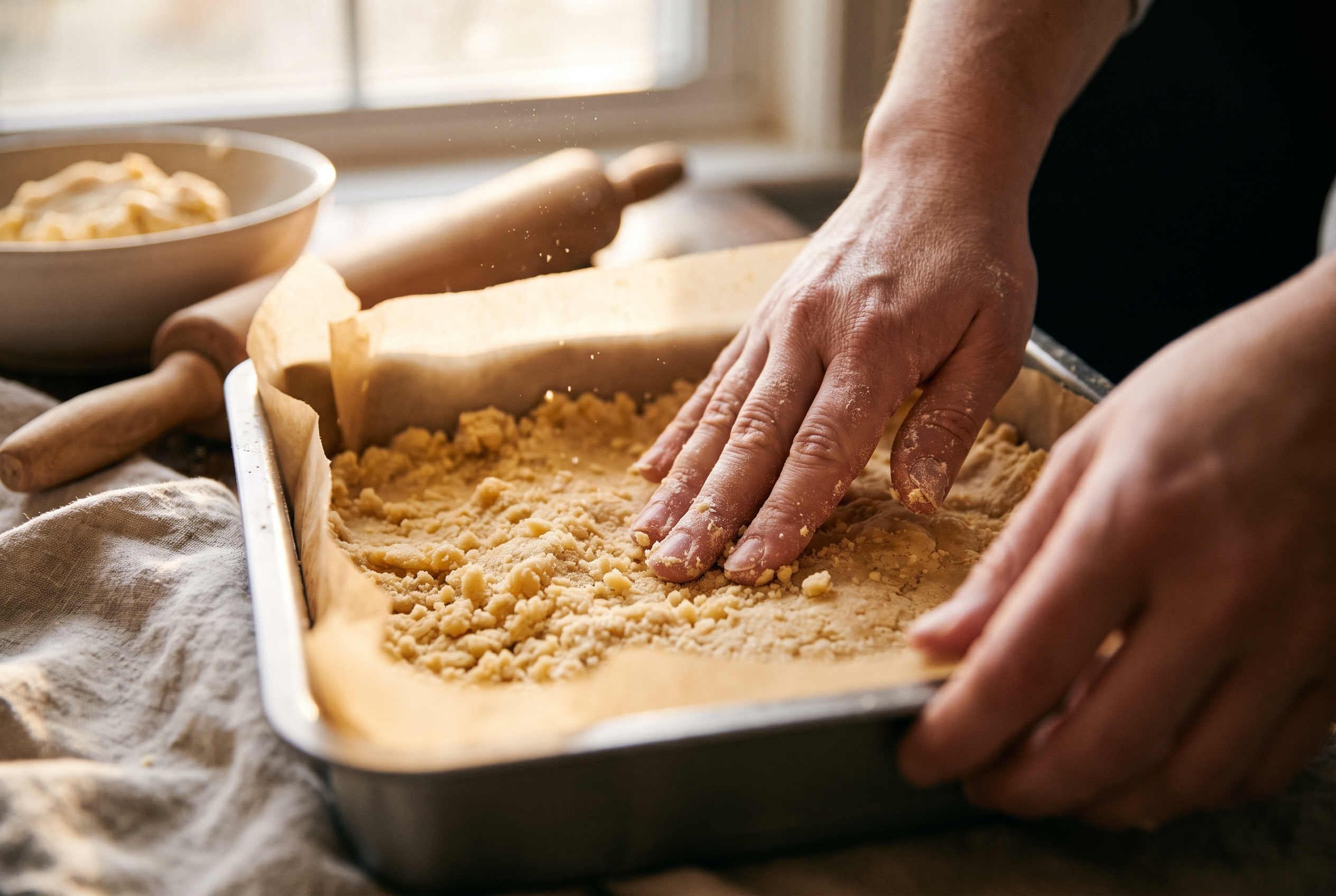 Close-up process photo of shortbread crust mixture being pressed firmly and evenly into a parchment-lined baking pan