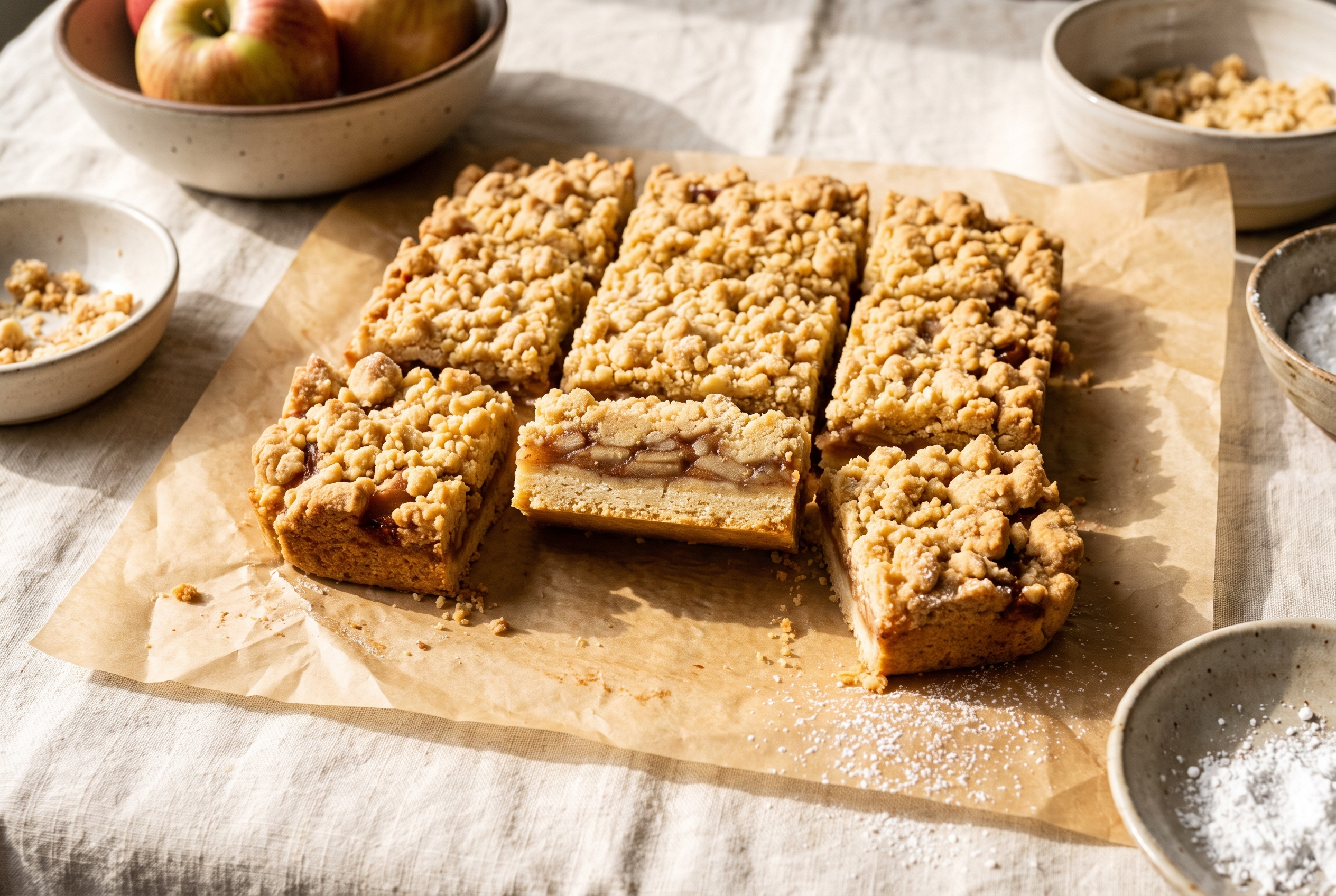 Apple pie bars cut into squares on parchment showing a shortbread base, spiced apple layer and golden buttery streusel crumble top, easy fall dessert recipe