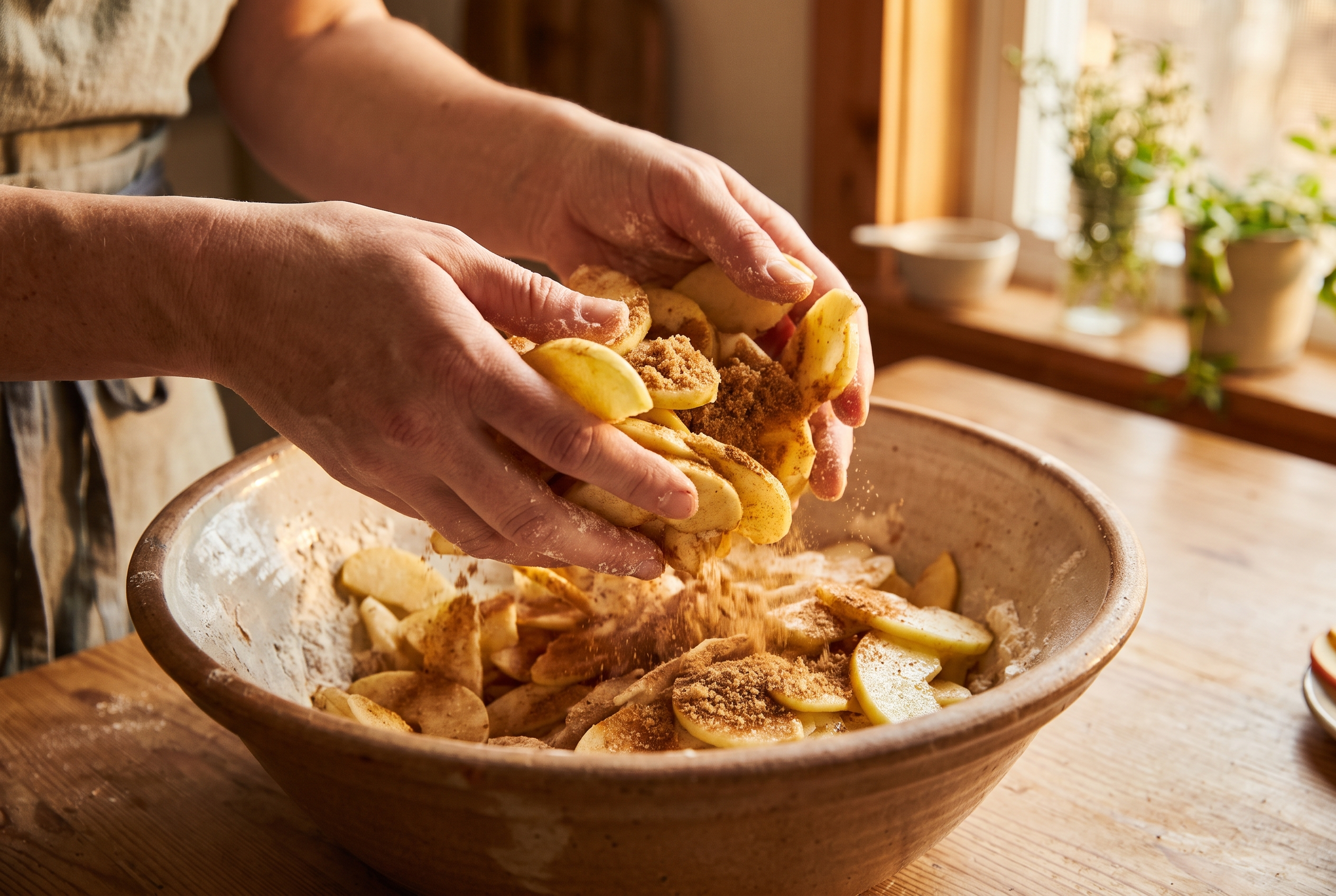 Close-up process photo of thinly sliced apples being tossed with brown sugar, cinnamon and flour in a large bowl