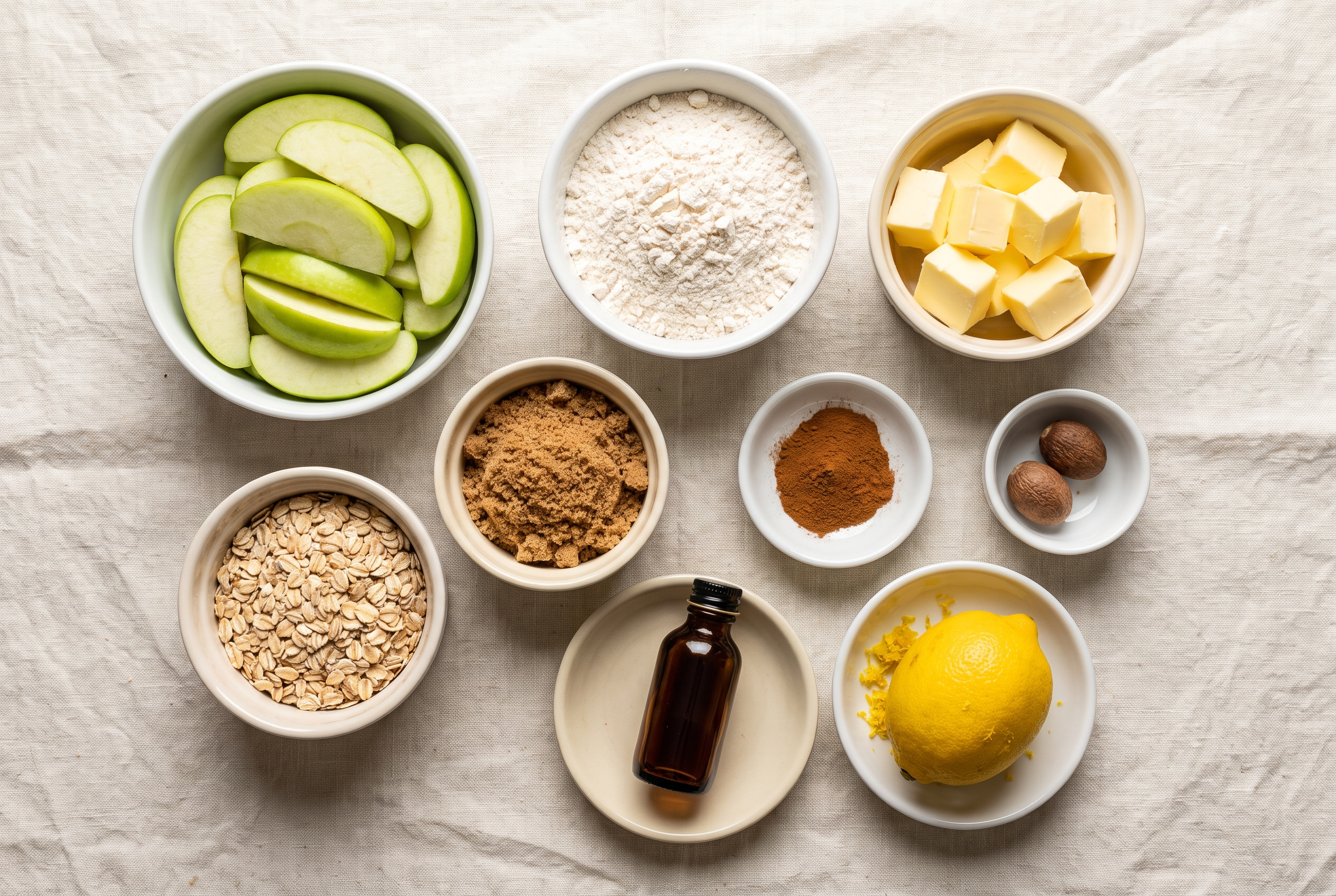 Overhead flat-lay of ingredients for apple pie bars in small white bowls — Granny Smith apples, flour, butter, brown sugar, cinnamon, nutmeg, oats, vanilla and lemon