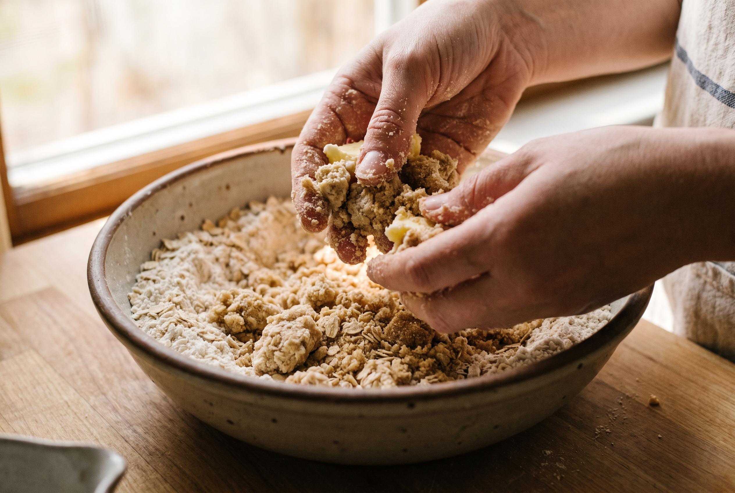 Close-up process photo of butter being rubbed into flour, oats and brown sugar to form craggy streusel clumps