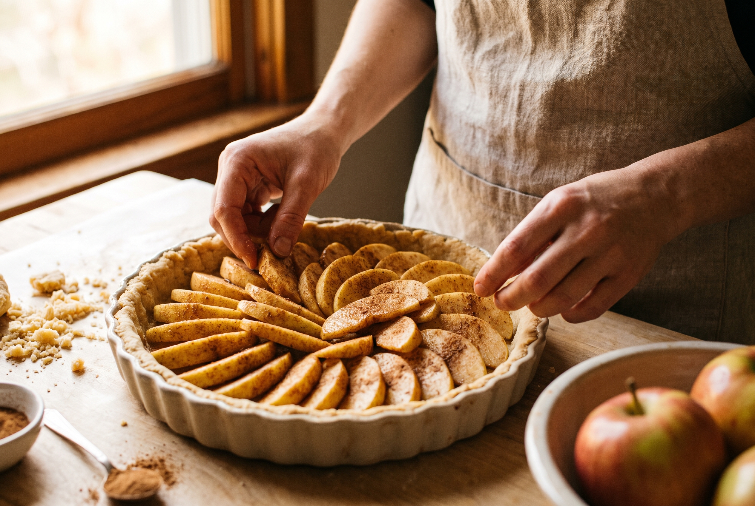 Close-up process photo of spiced apple slices being layered evenly over a par-baked shortbread crust in a pan
