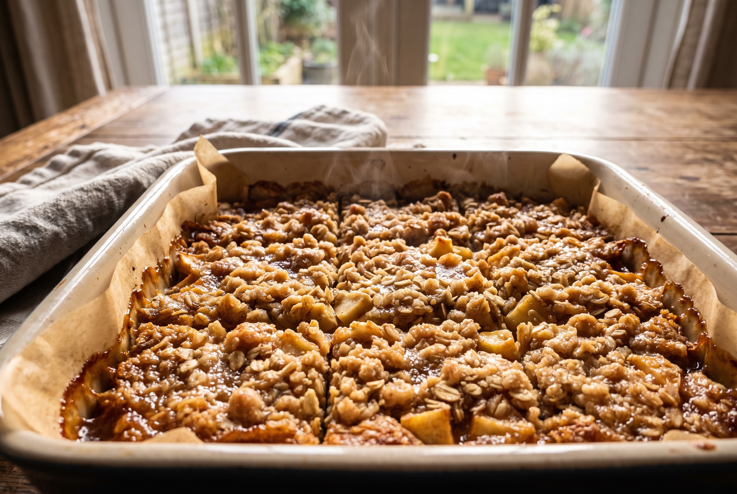 Close-up process photo of baked apple pie bars with golden bubbling streusel topping cooling in the pan