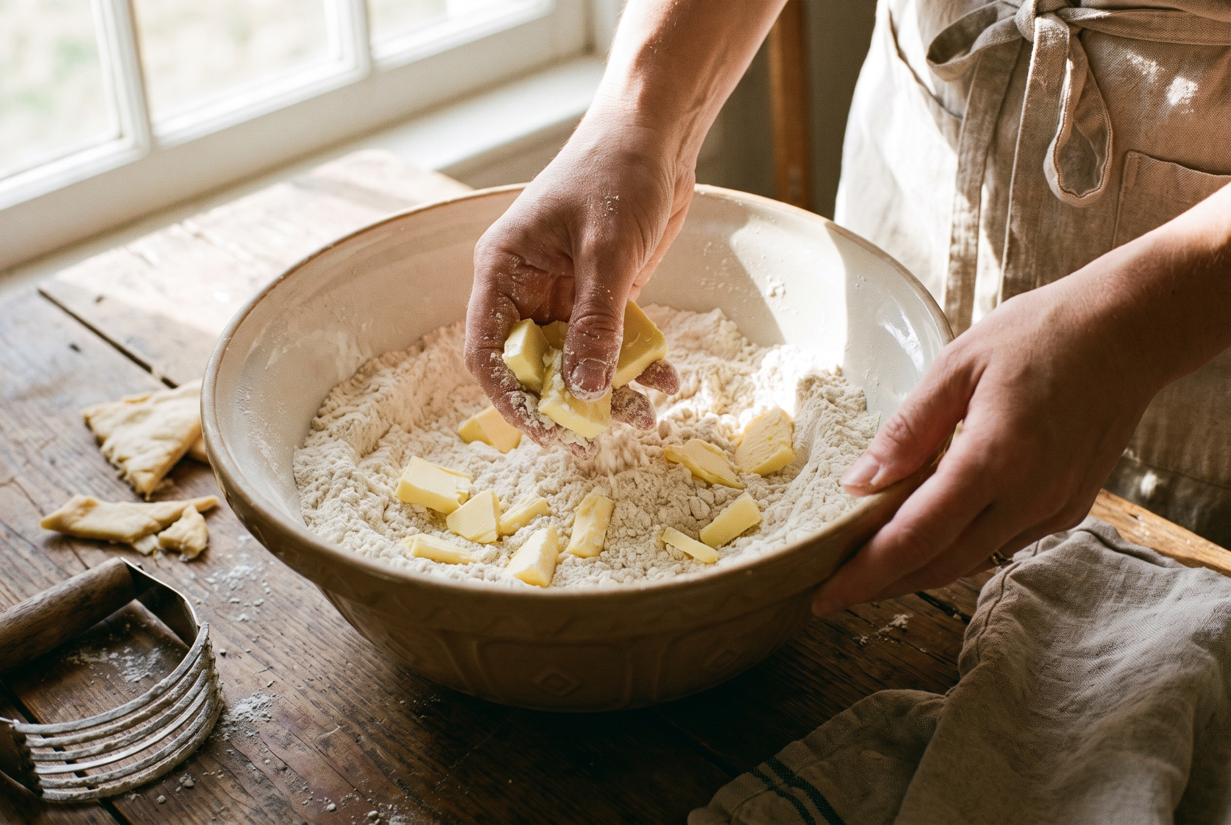 Close-up process photo of cold butter being rubbed into flour and sugar to a damp sand texture in a large bowl