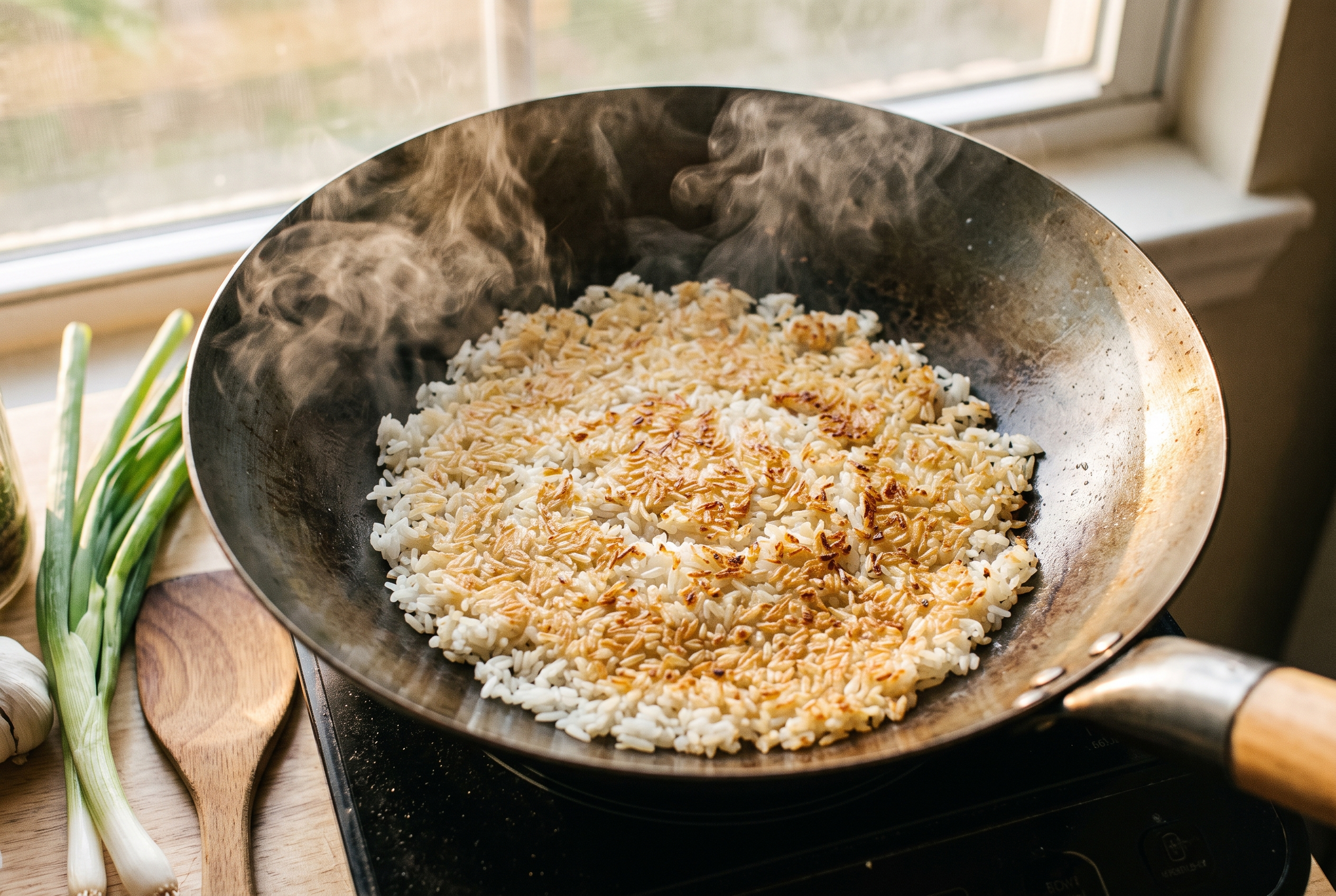 Close-up process photo of cold rice spread across a screaming hot wok, left undisturbed to crisp against the metal