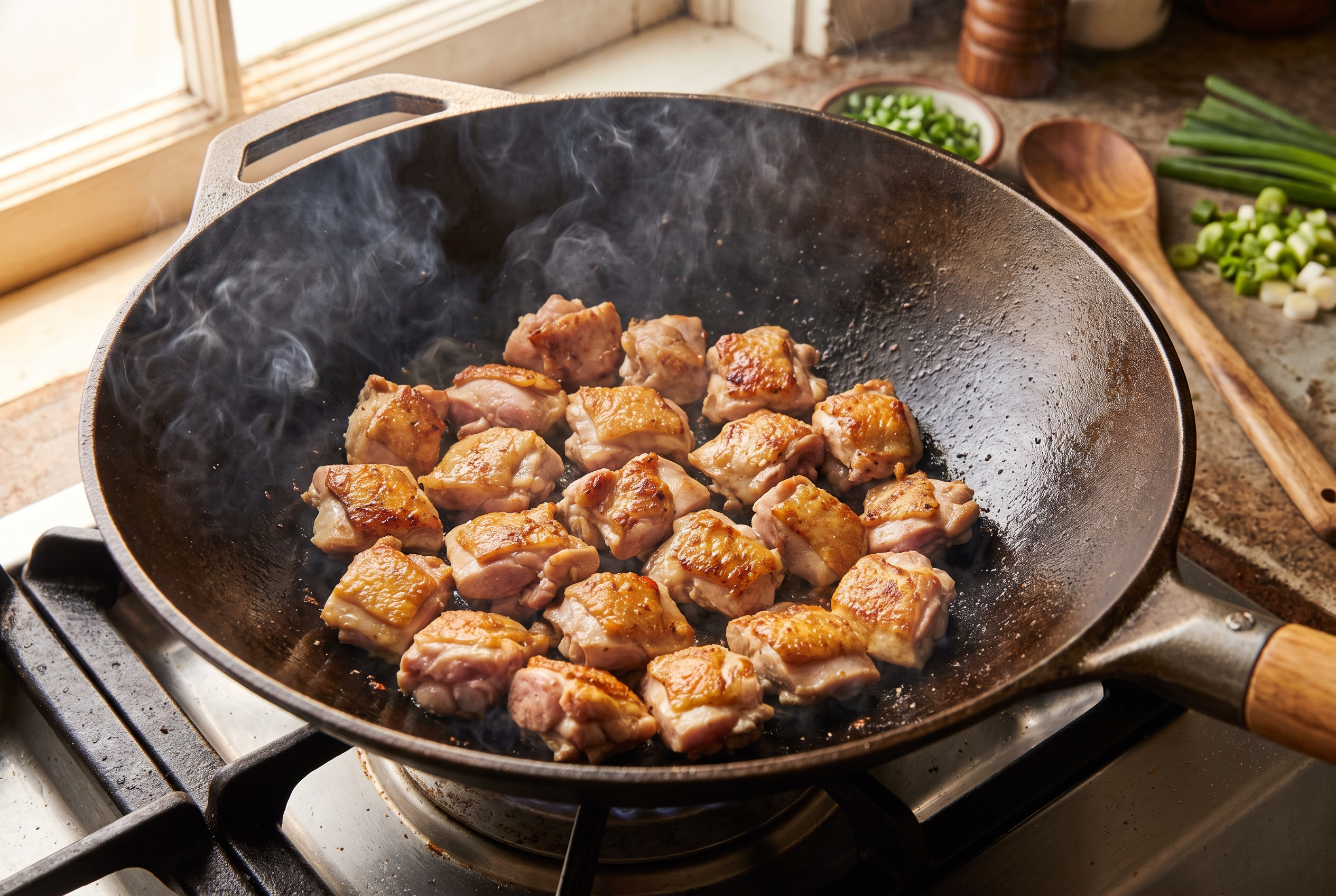 Close-up process photo of diced chicken thigh searing and browning in a single layer in a hot wok