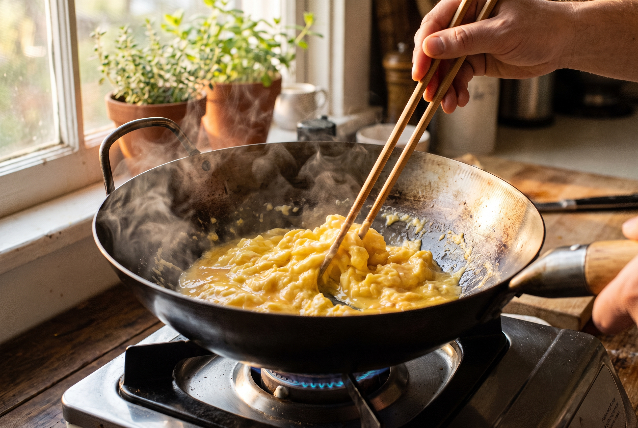 Close-up process photo of beaten eggs being quickly scrambled into soft curds in a hot wok