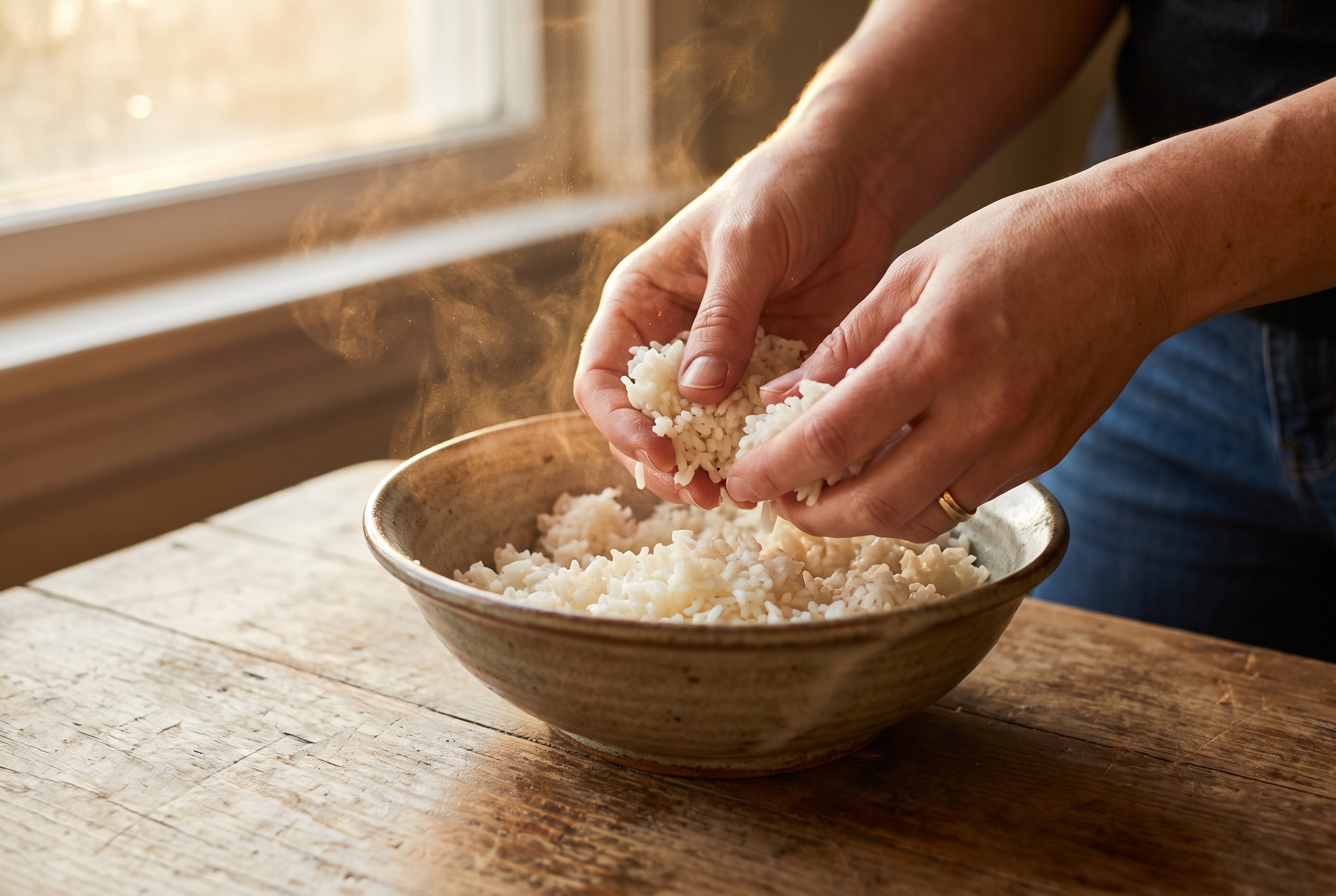 Close-up process photo of cold day-old rice being broken apart into separate grains by hand in a large bowl