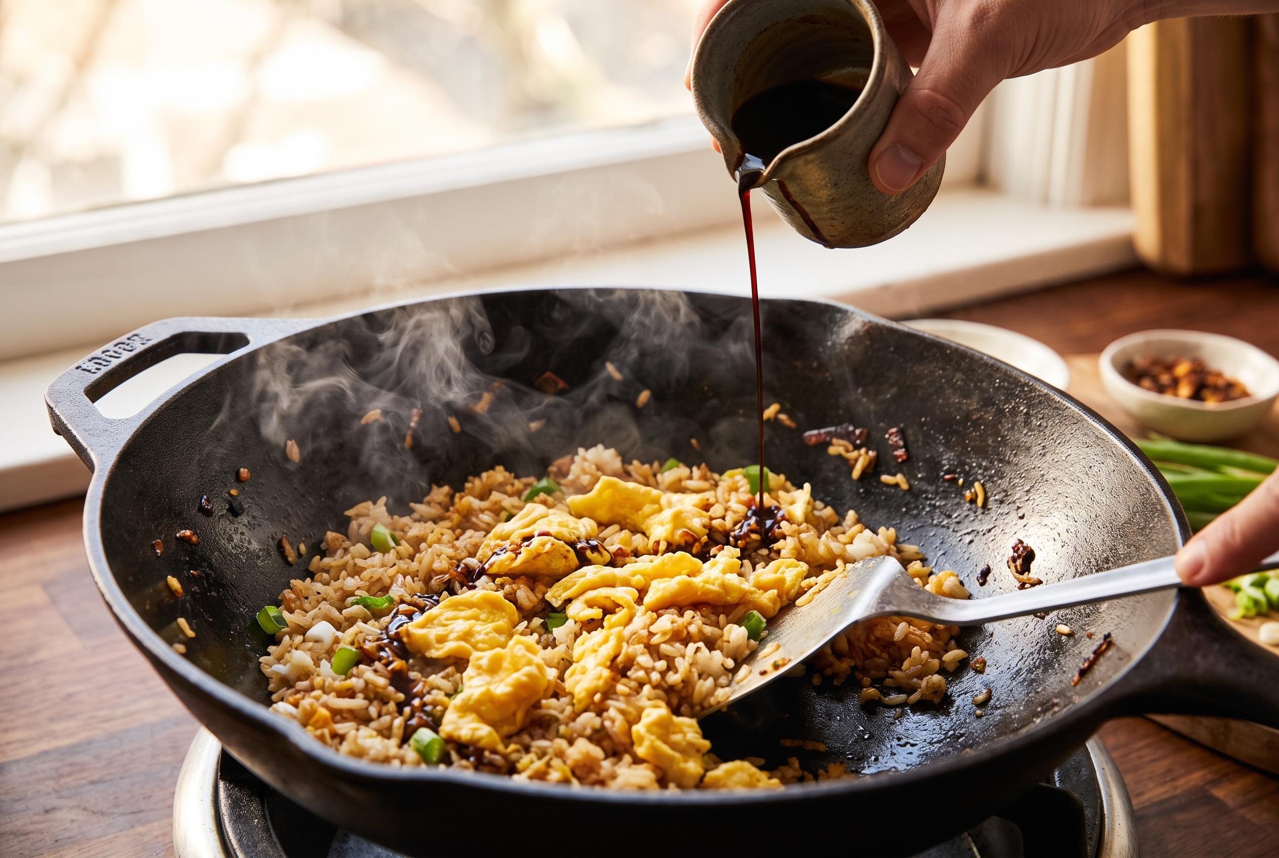 Close-up process photo of soy sauce being drizzled around the edge of a wok of fried rice with egg being folded back in