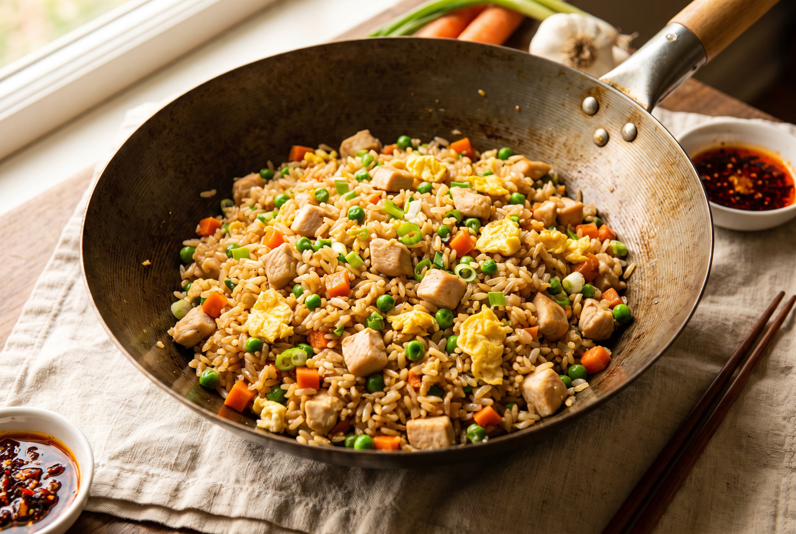 Chicken fried rice in a wok with separate glossy grains, diced chicken, peas, carrots, scrambled egg and scallions, easy 20-minute better-than-takeout dinner
