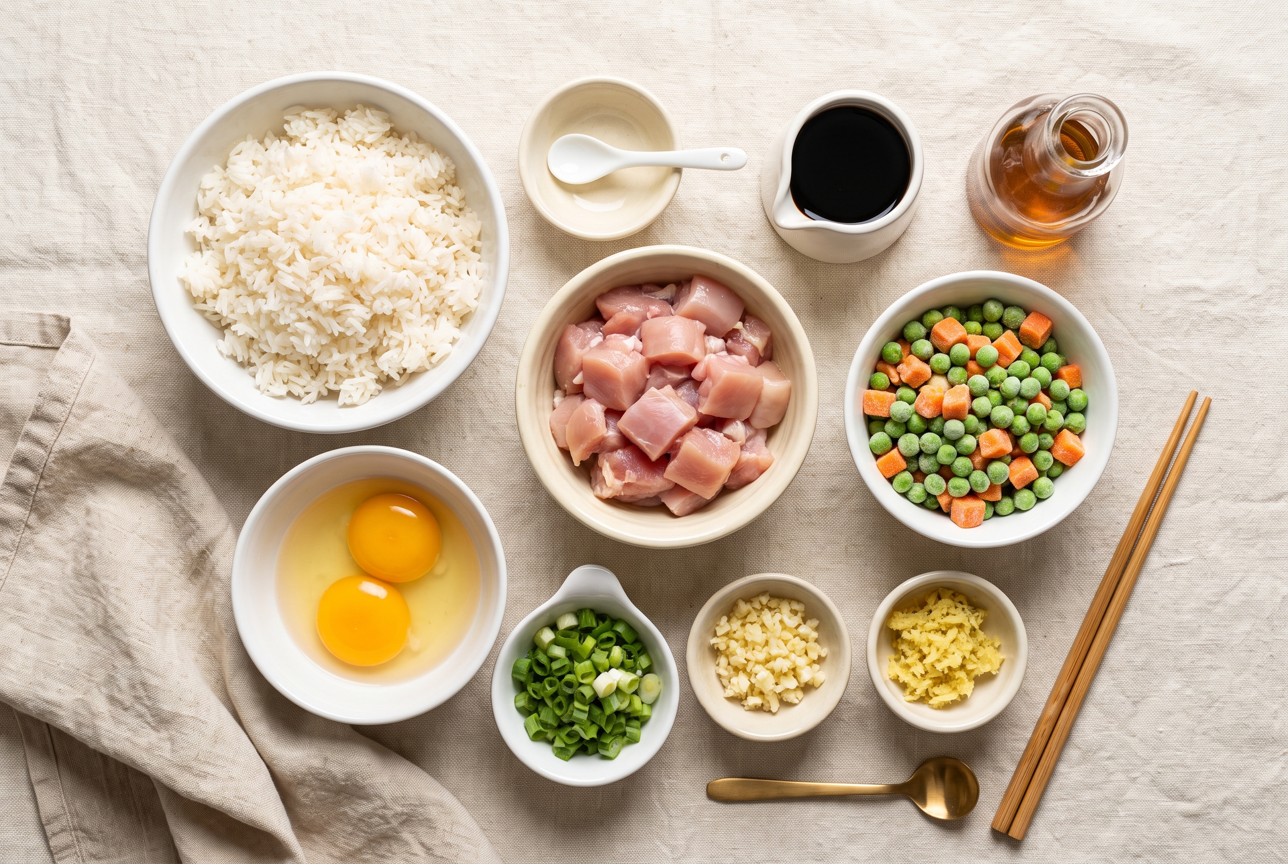 Overhead flat-lay of ingredients for chicken fried rice in small white bowls — day-old cooked rice, diced chicken thighs, eggs, frozen peas and carrots, scallions, garlic, ginger, soy sauce and sesame oil