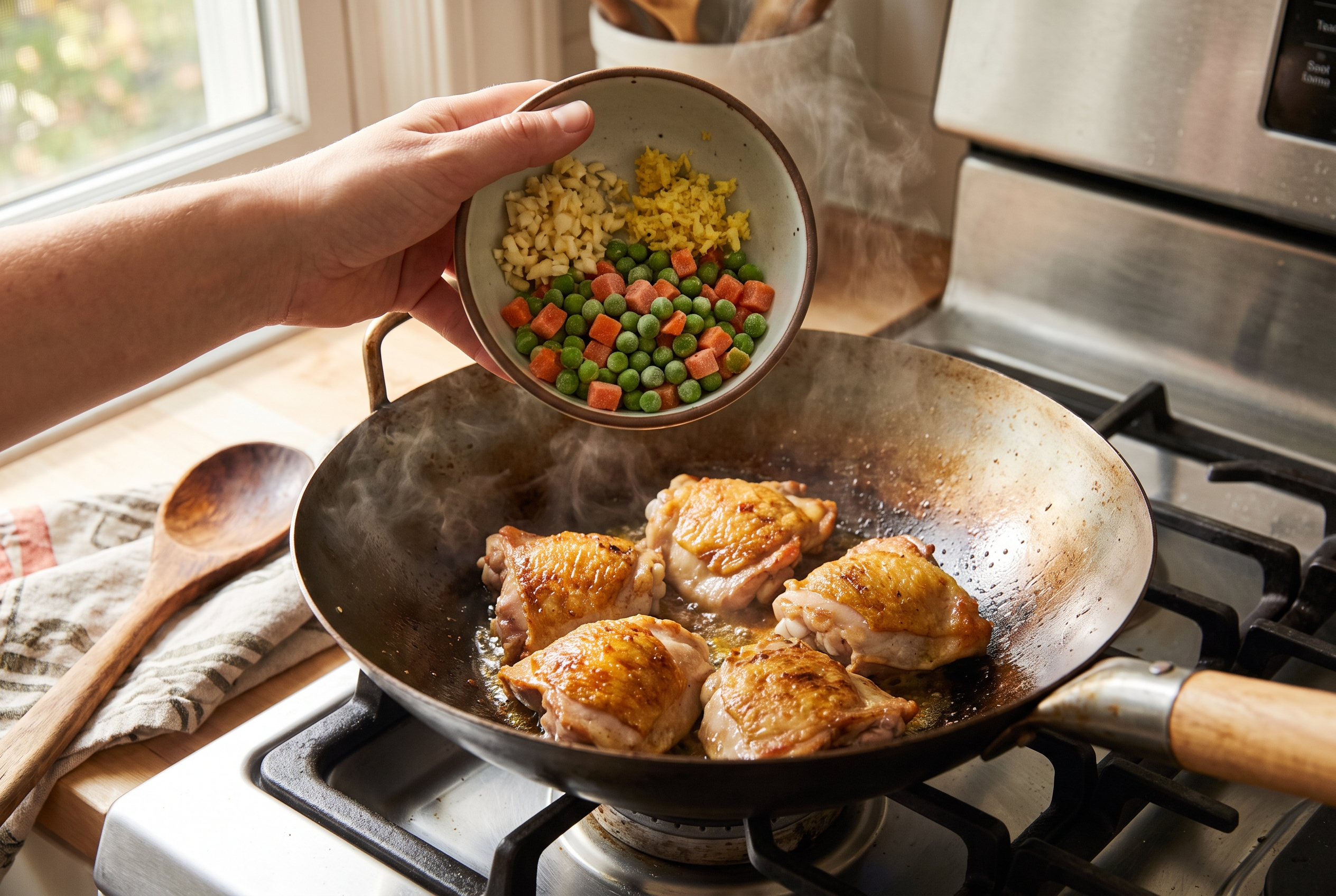 Close-up process photo of garlic, ginger and frozen peas and carrots being added to a wok alongside seared chicken