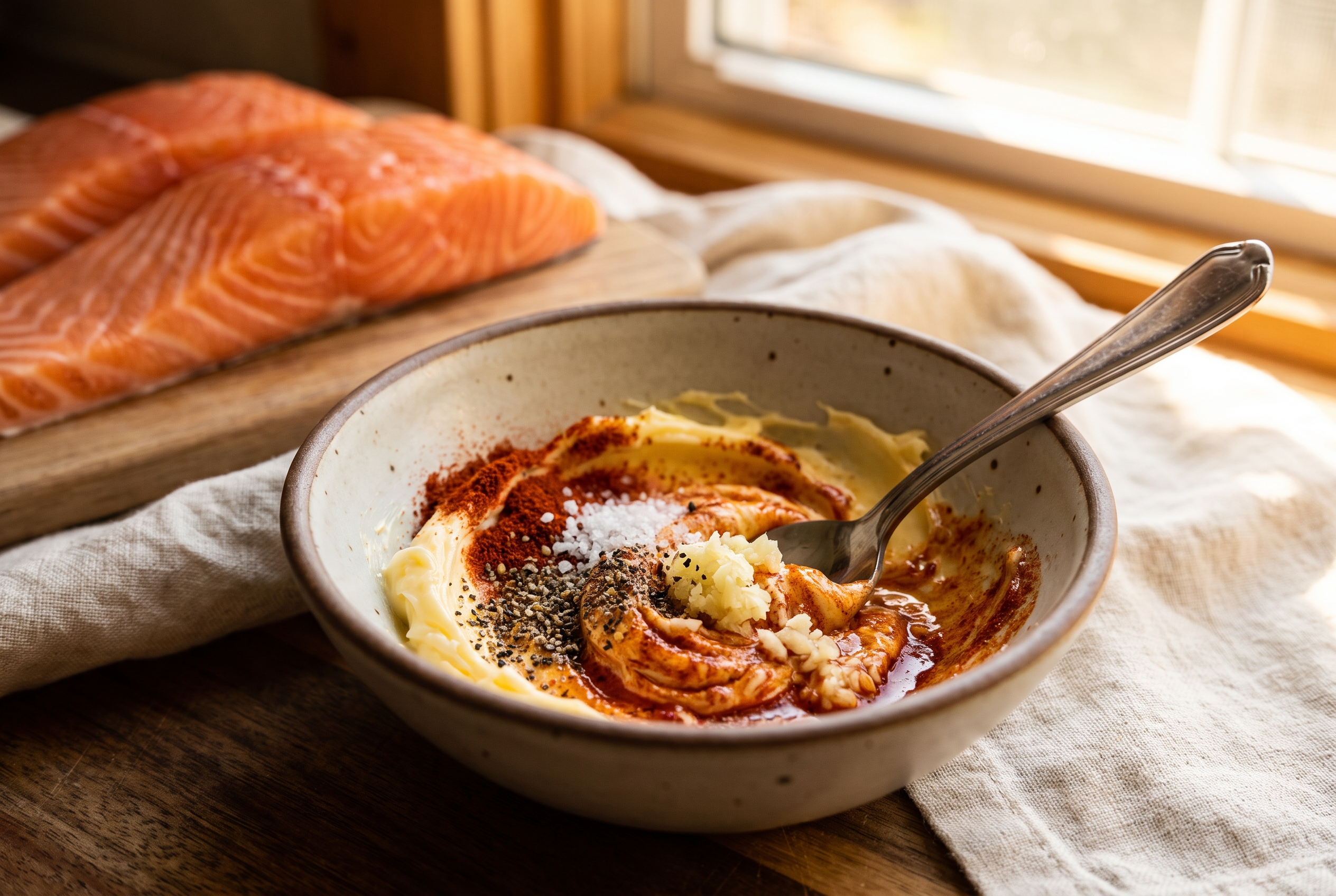 Whisking garlic butter with smoked paprika, salt and pepper for air fryer salmon