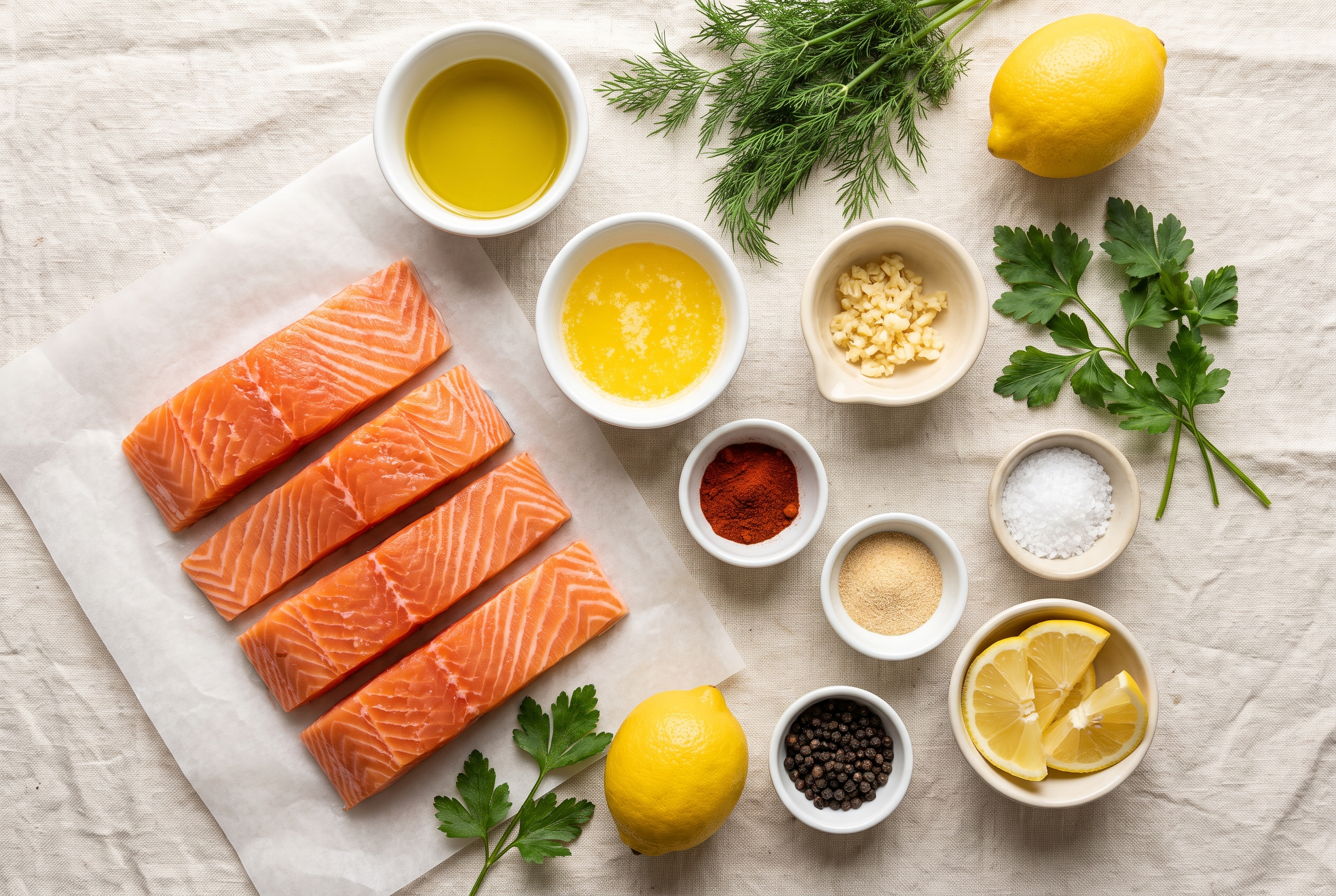 Ingredients for air fryer salmon: raw salmon fillets, butter, olive oil, garlic, smoked paprika, lemon, dill and parsley in small bowls