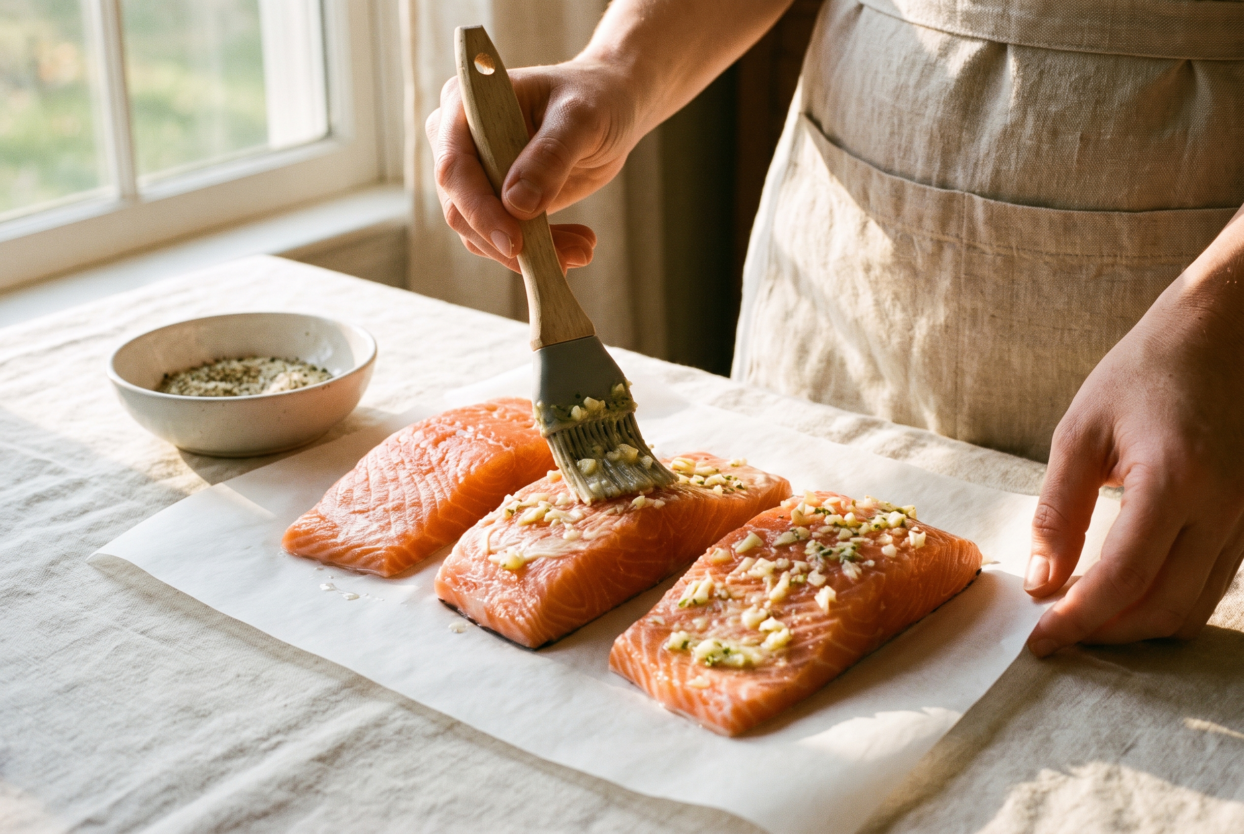 Brushing garlic butter seasoning over raw salmon fillets on parchment