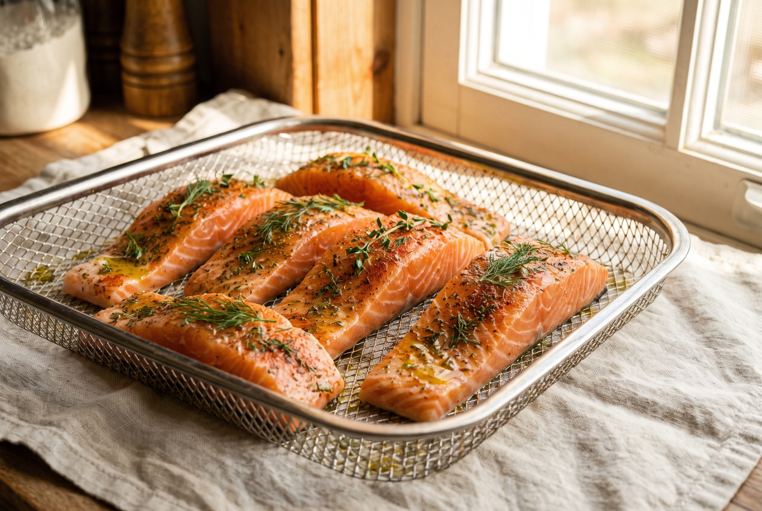 Seasoned salmon fillets arranged skin-side down in an air fryer basket