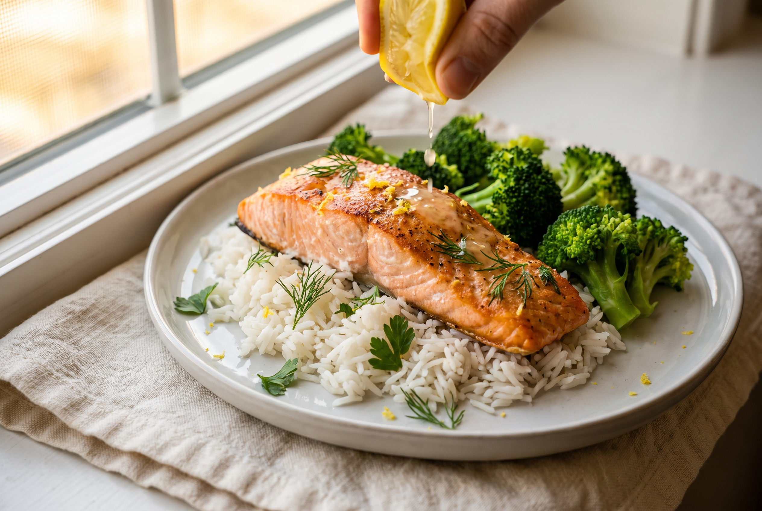 Plated air fryer salmon over rice with steamed broccoli and a lemon wedge