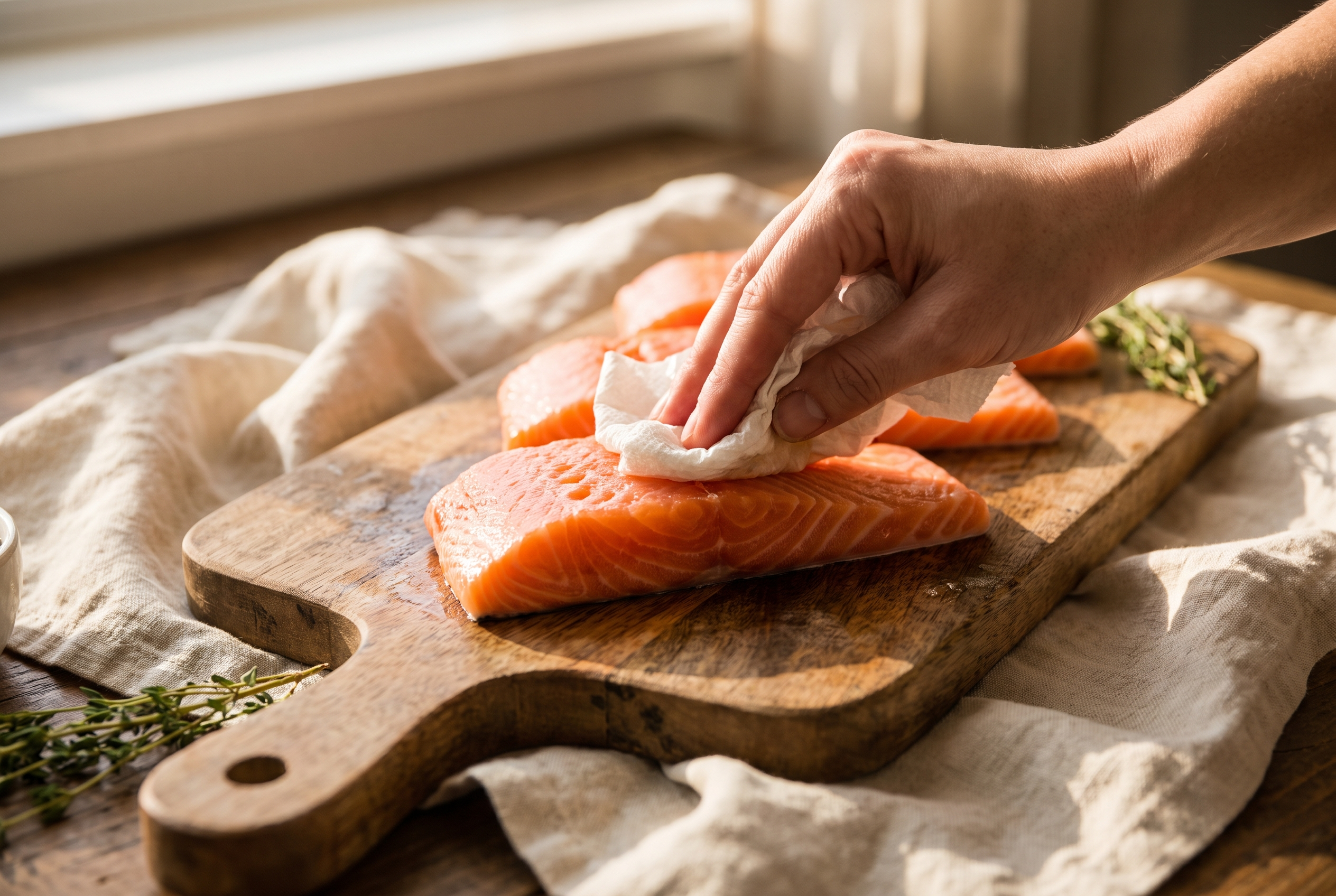 Patting raw salmon fillets dry with paper towels before air frying