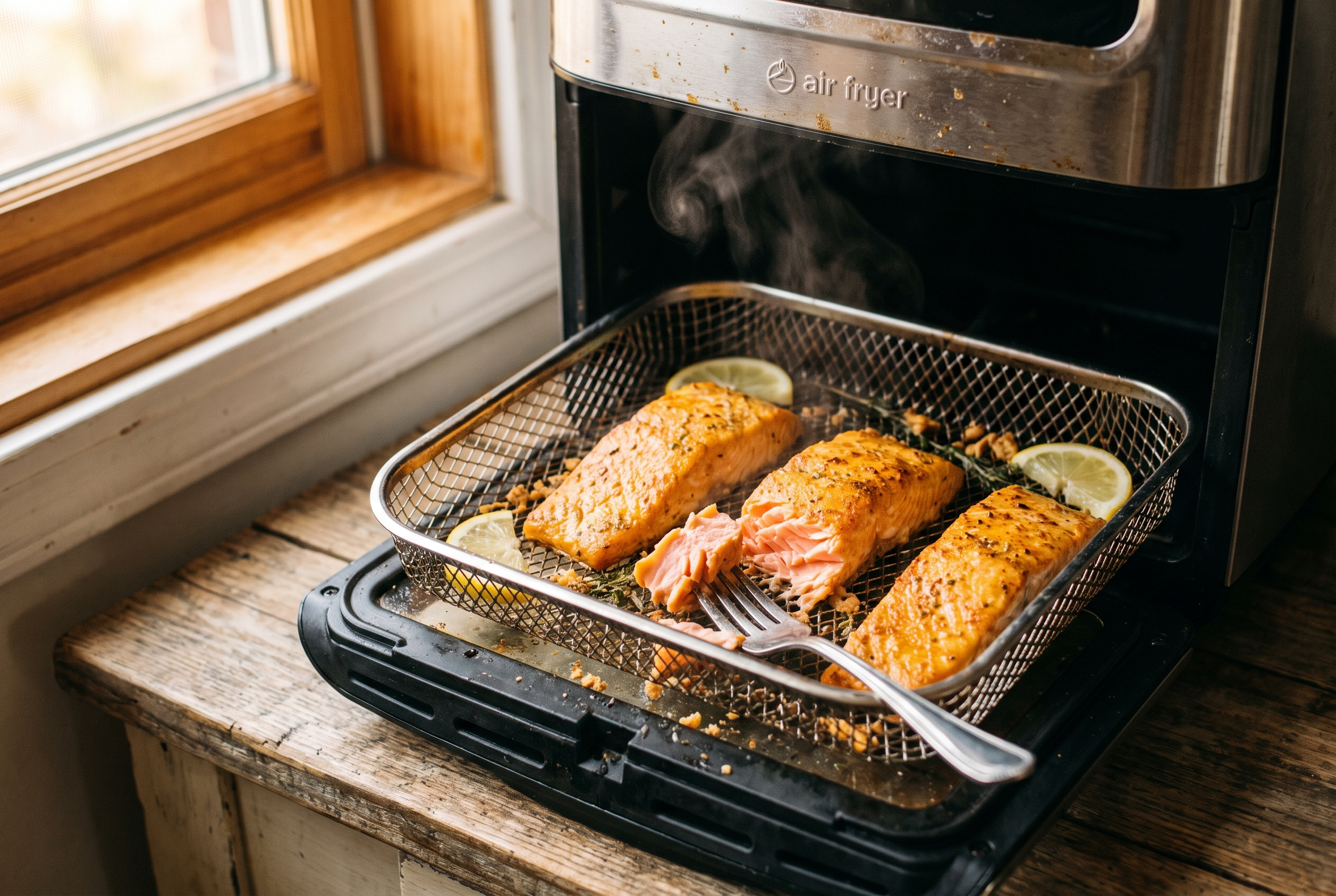 Cooked golden air fryer salmon in the basket, a fork flaking the pink center