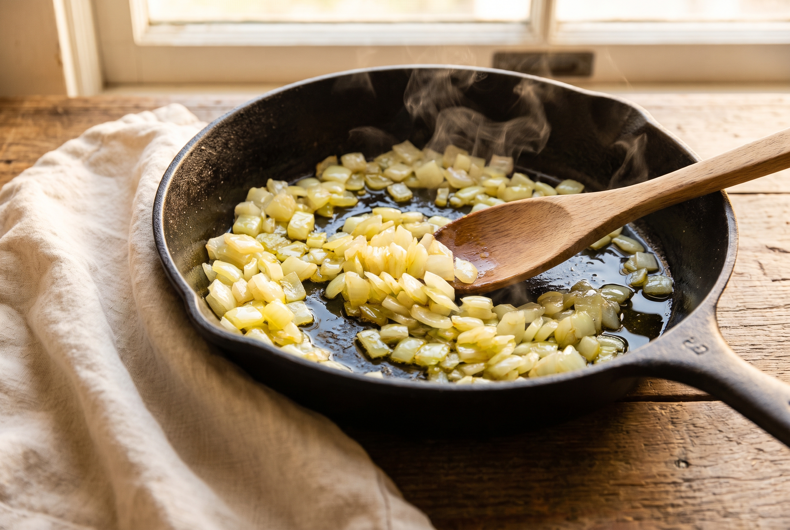 Diced onion sautéing in olive oil in a cast iron skillet for turkey taco skillet