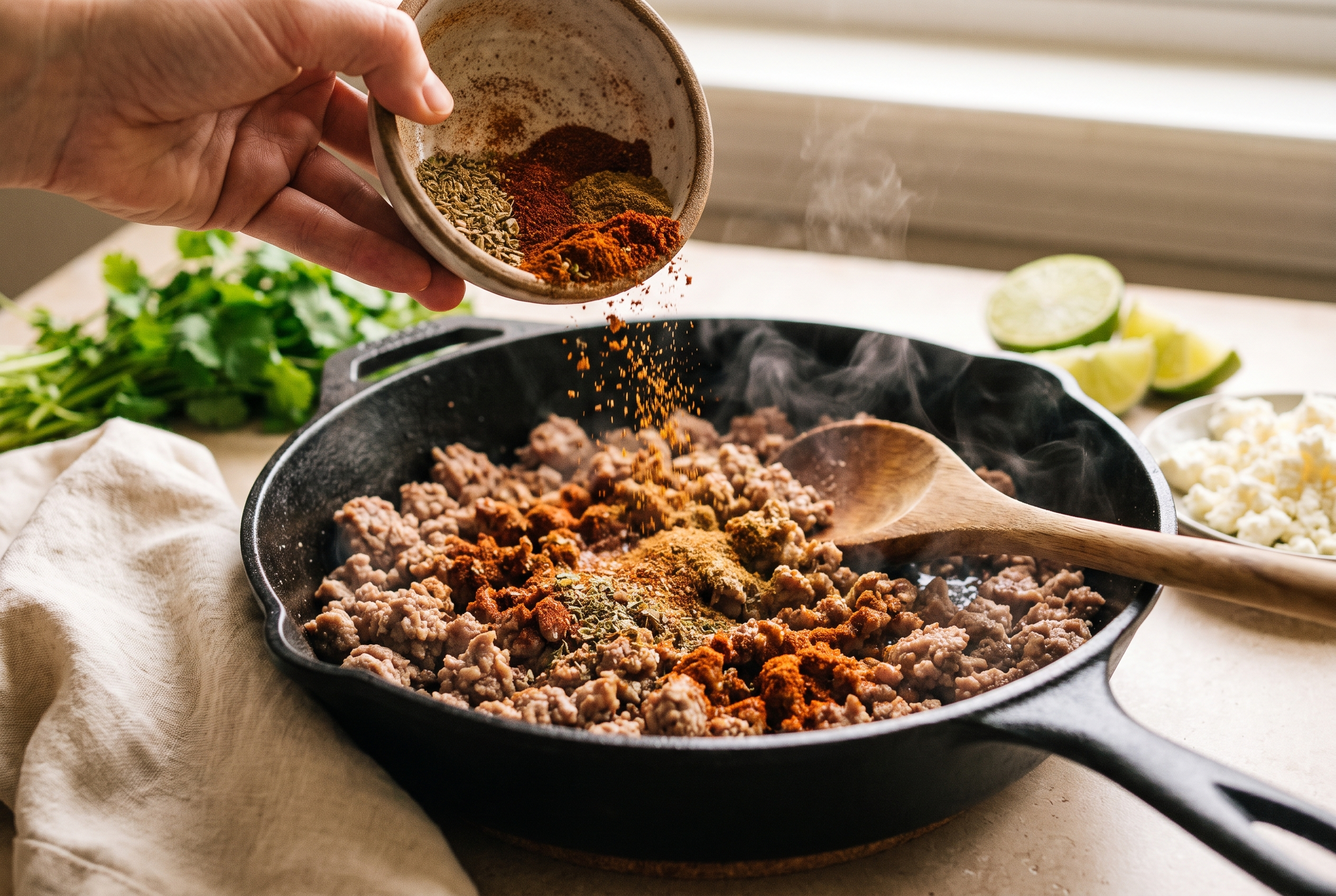 Taco seasoning being sprinkled over browned ground turkey in a skillet