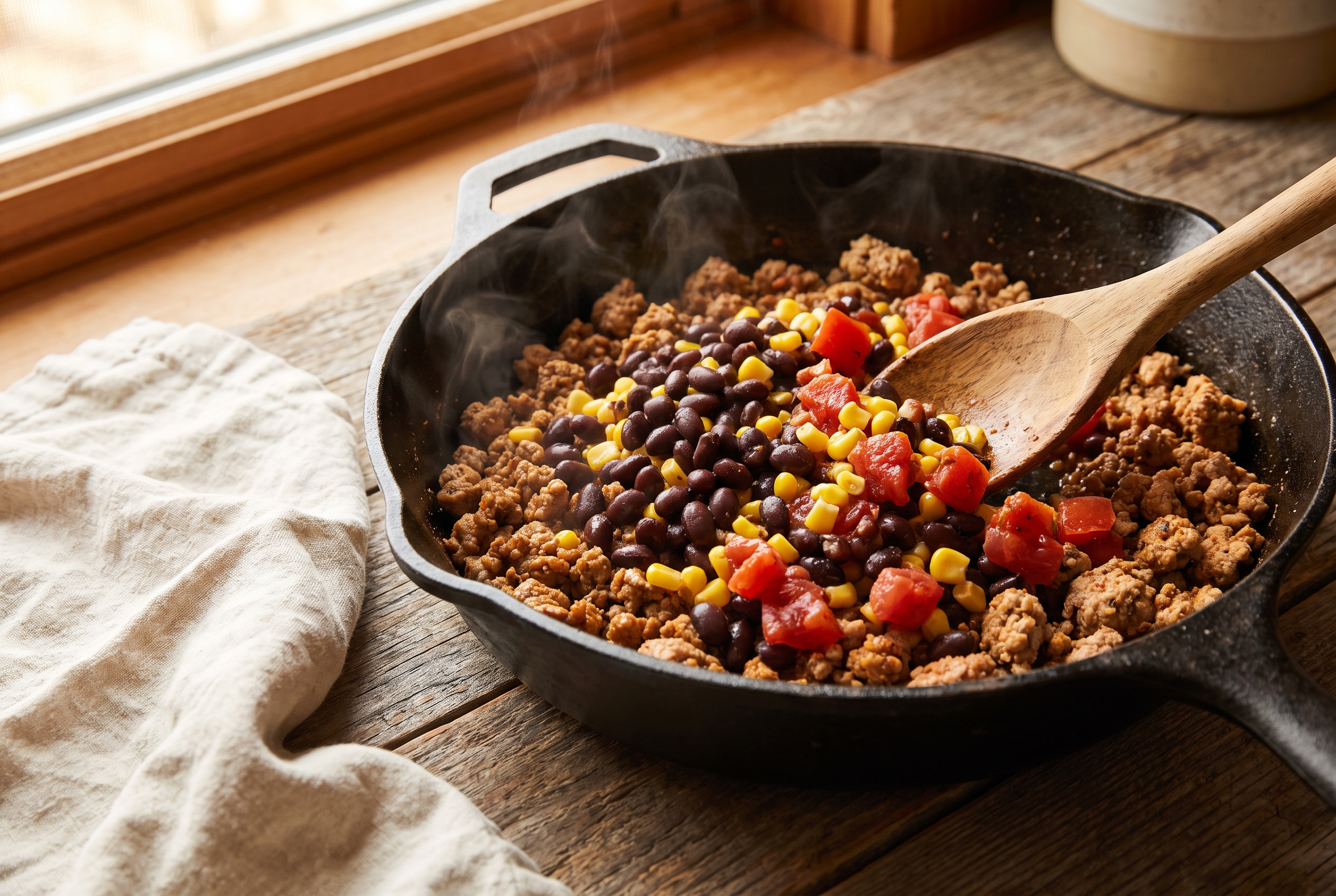 Black beans, corn and diced tomatoes being stirred into seasoned ground turkey