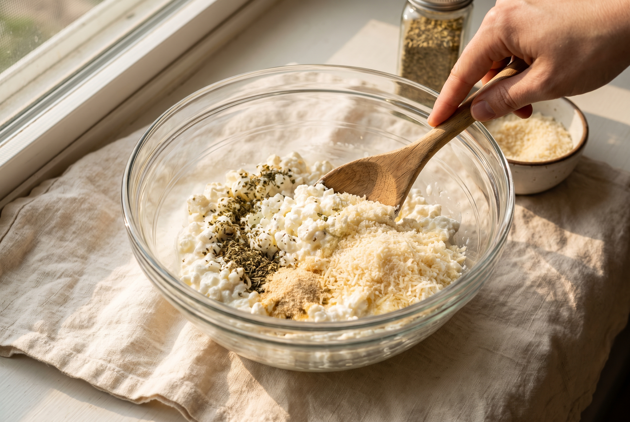 Cottage cheese being stirred with parmesan, Italian seasoning and garlic powder in a bowl