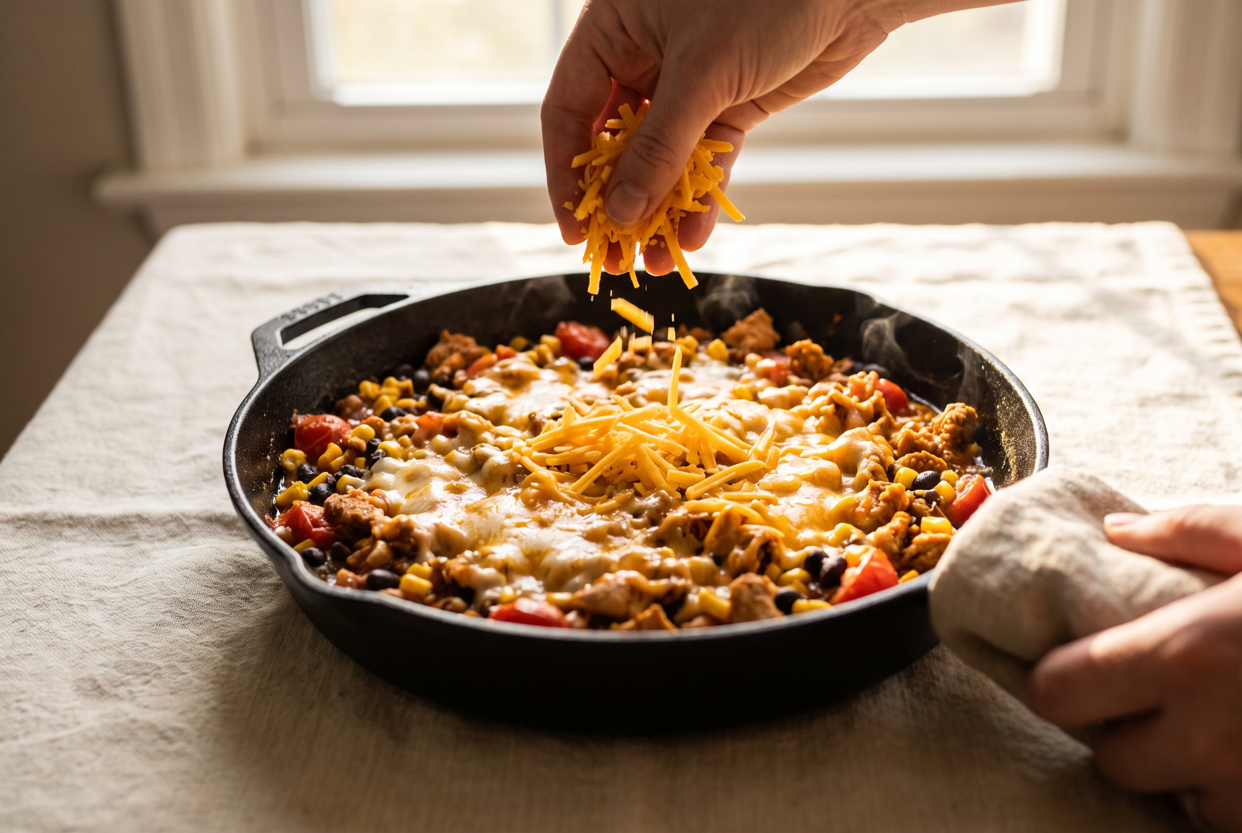 Shredded cheddar cheese scattered over a bubbling turkey taco skillet