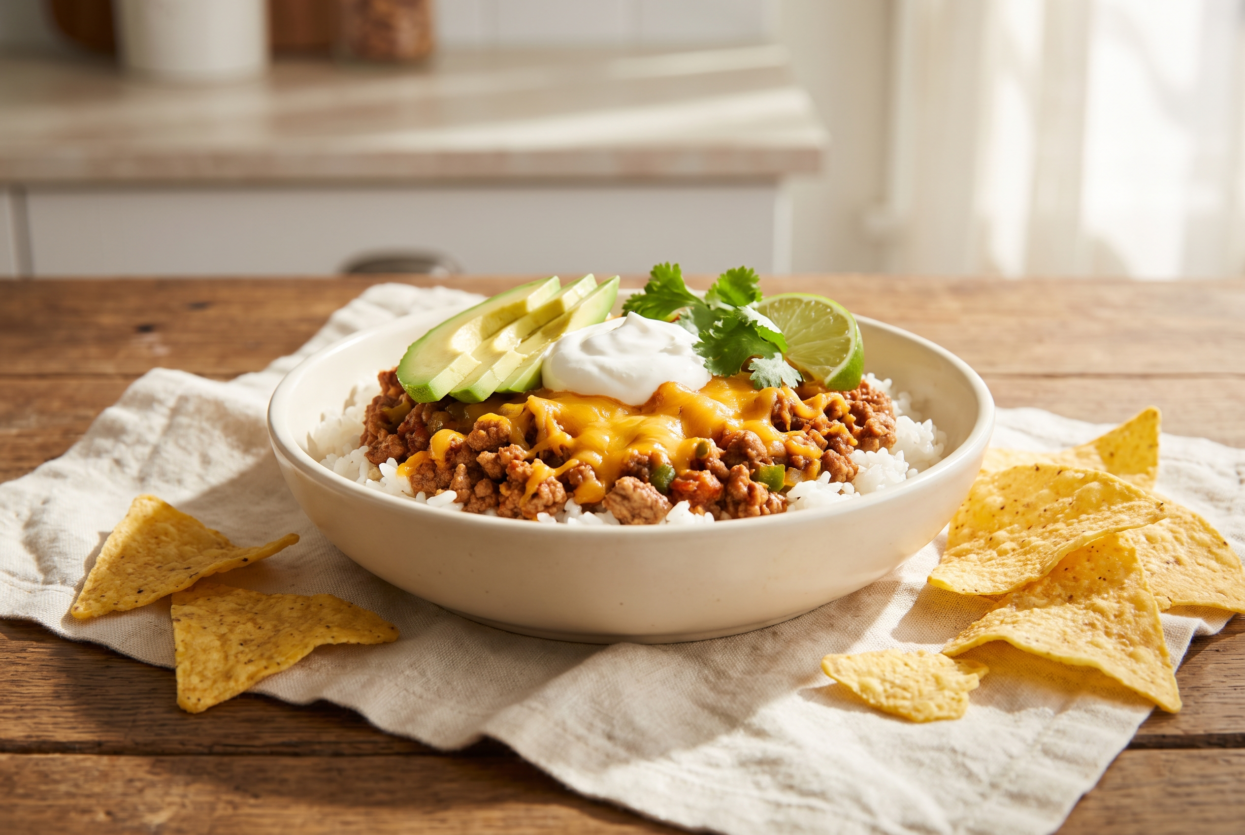 Ground turkey taco skillet served over rice in a bowl with sour cream, avocado, cilantro and tortilla chips