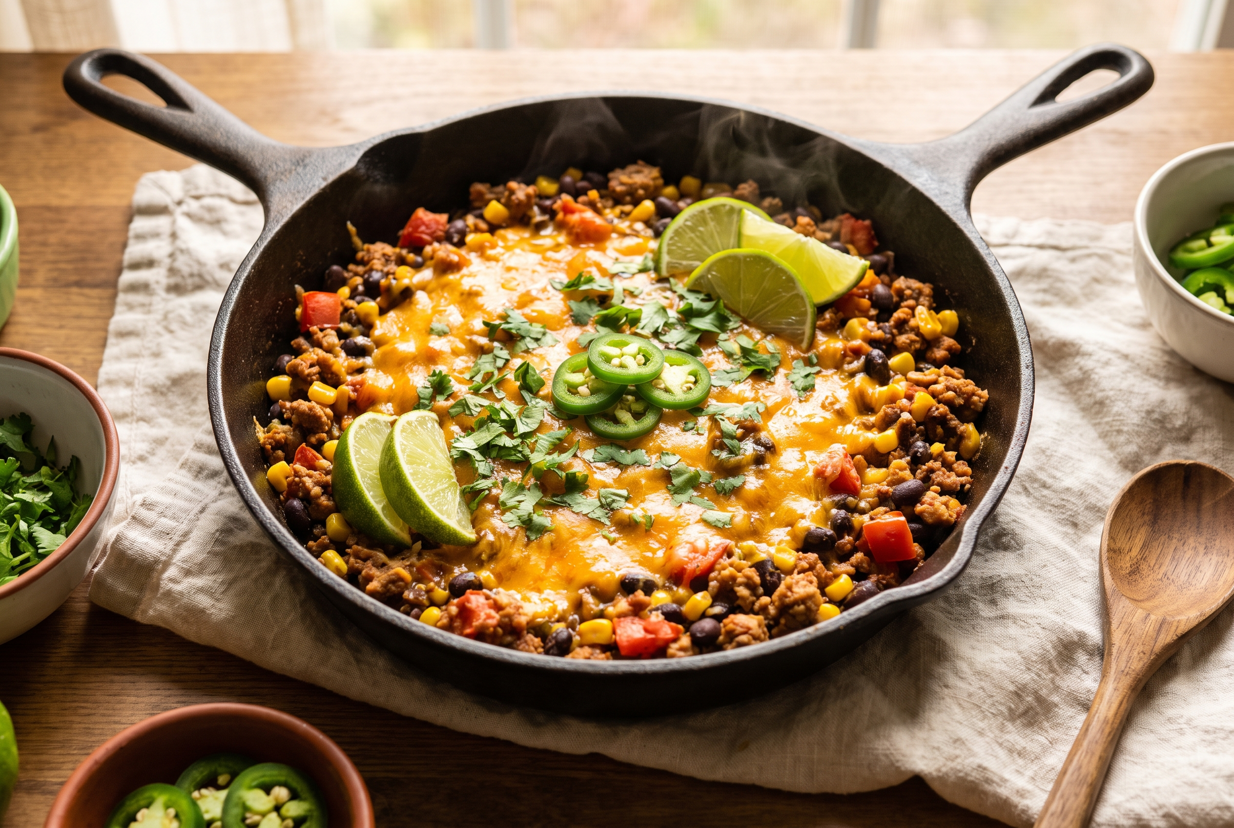 Ground turkey taco skillet in a cast iron pan with melted cheddar, black beans, corn, cilantro and lime wedges