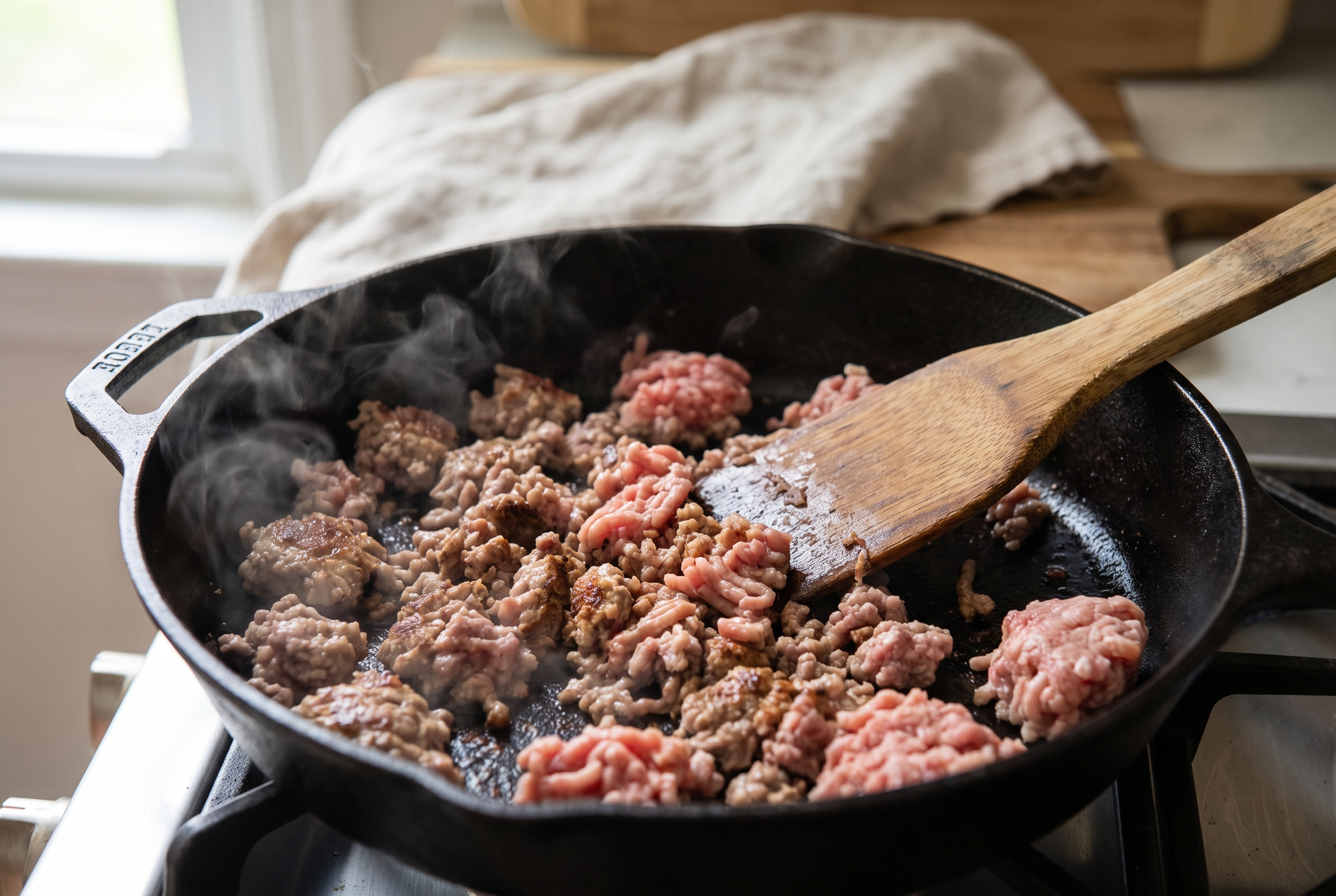 Ground turkey browning in a skillet, broken up with a wooden spatula