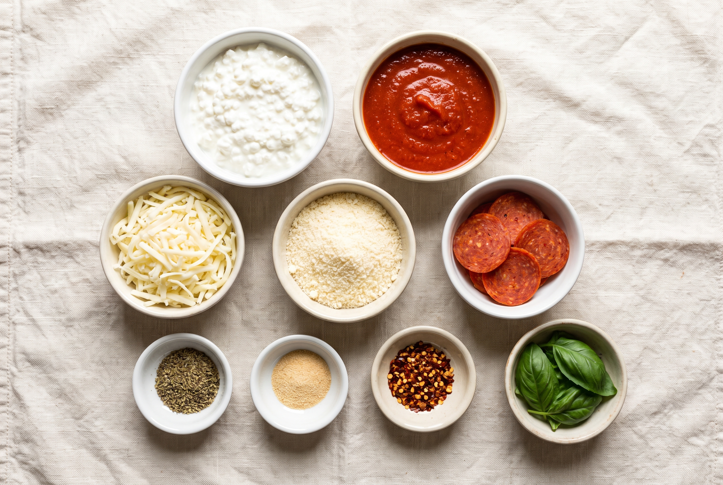 Ingredients for cottage cheese pizza bowls: cottage cheese, marinara, mozzarella, parmesan, pepperoni, Italian seasoning, garlic powder, red pepper flakes and basil
