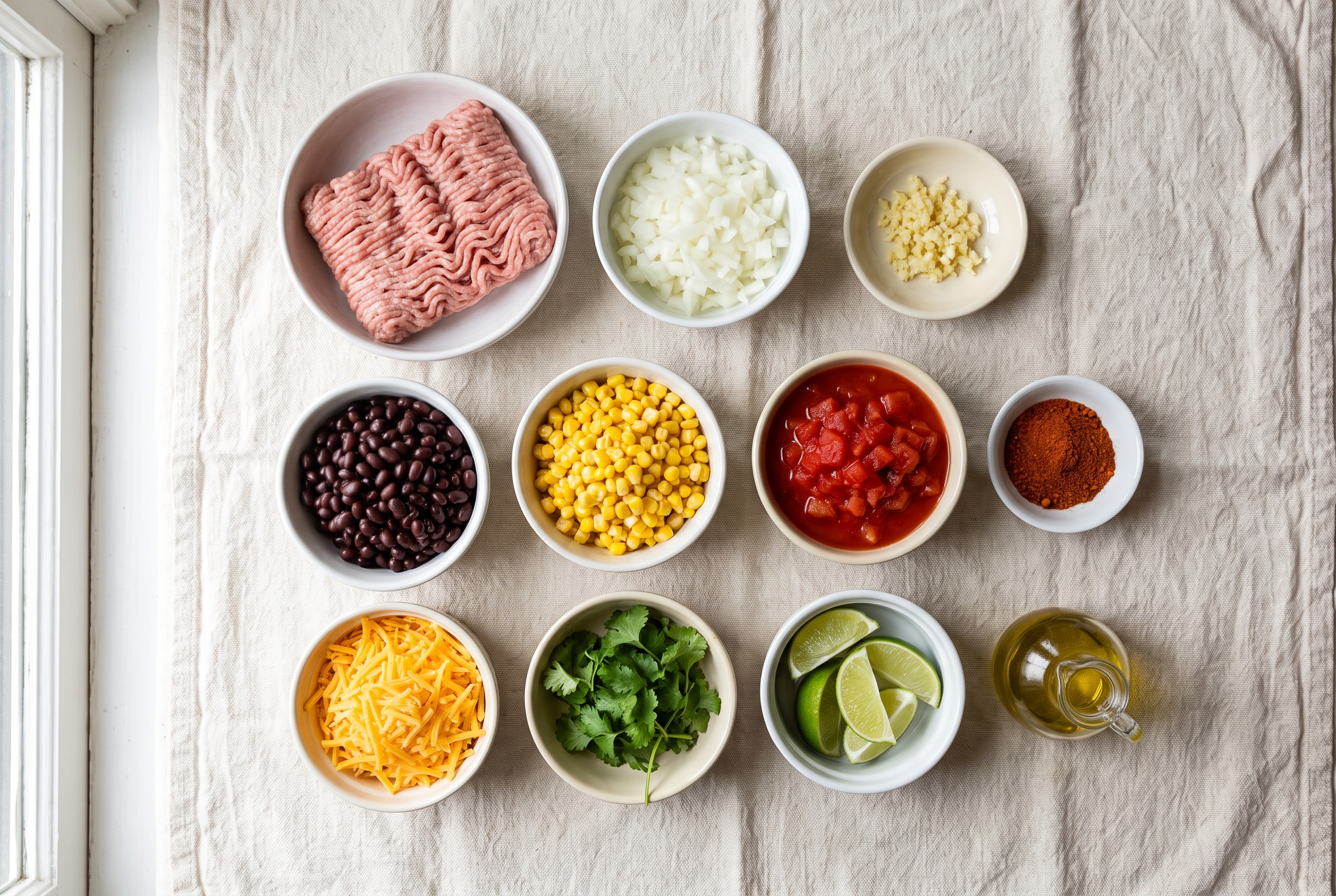 Ingredients for ground turkey taco skillet: ground turkey, onion, garlic, black beans, corn, diced tomatoes, taco seasoning, cheddar, cilantro and lime in small bowls