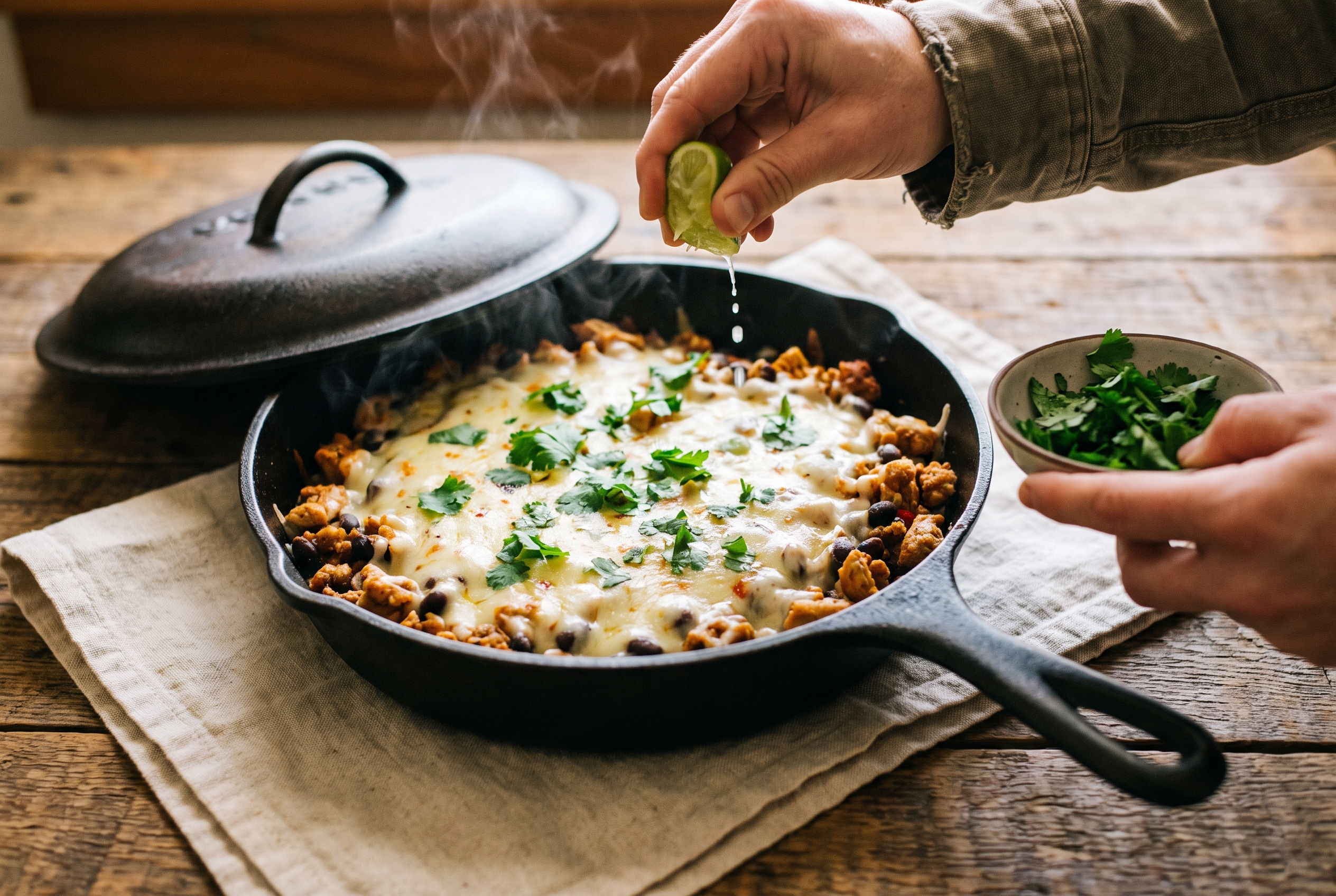 Lime being squeezed over a cheesy turkey taco skillet with fresh cilantro