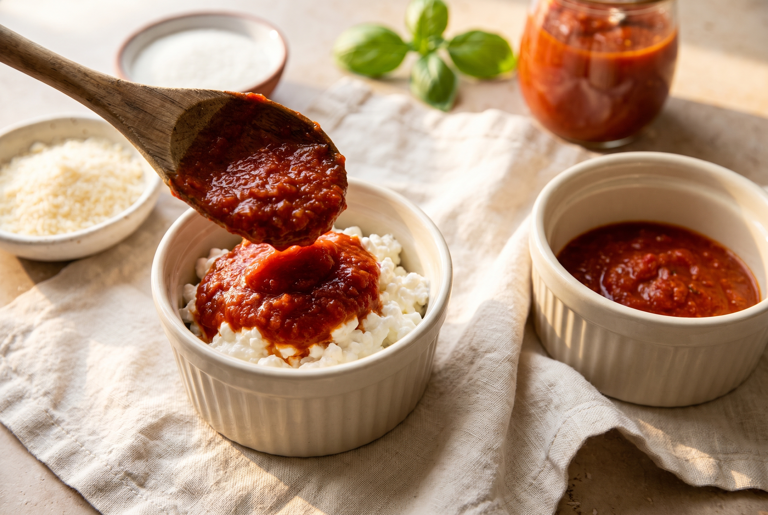 Marinara sauce being spooned over cottage cheese in white ramekins
