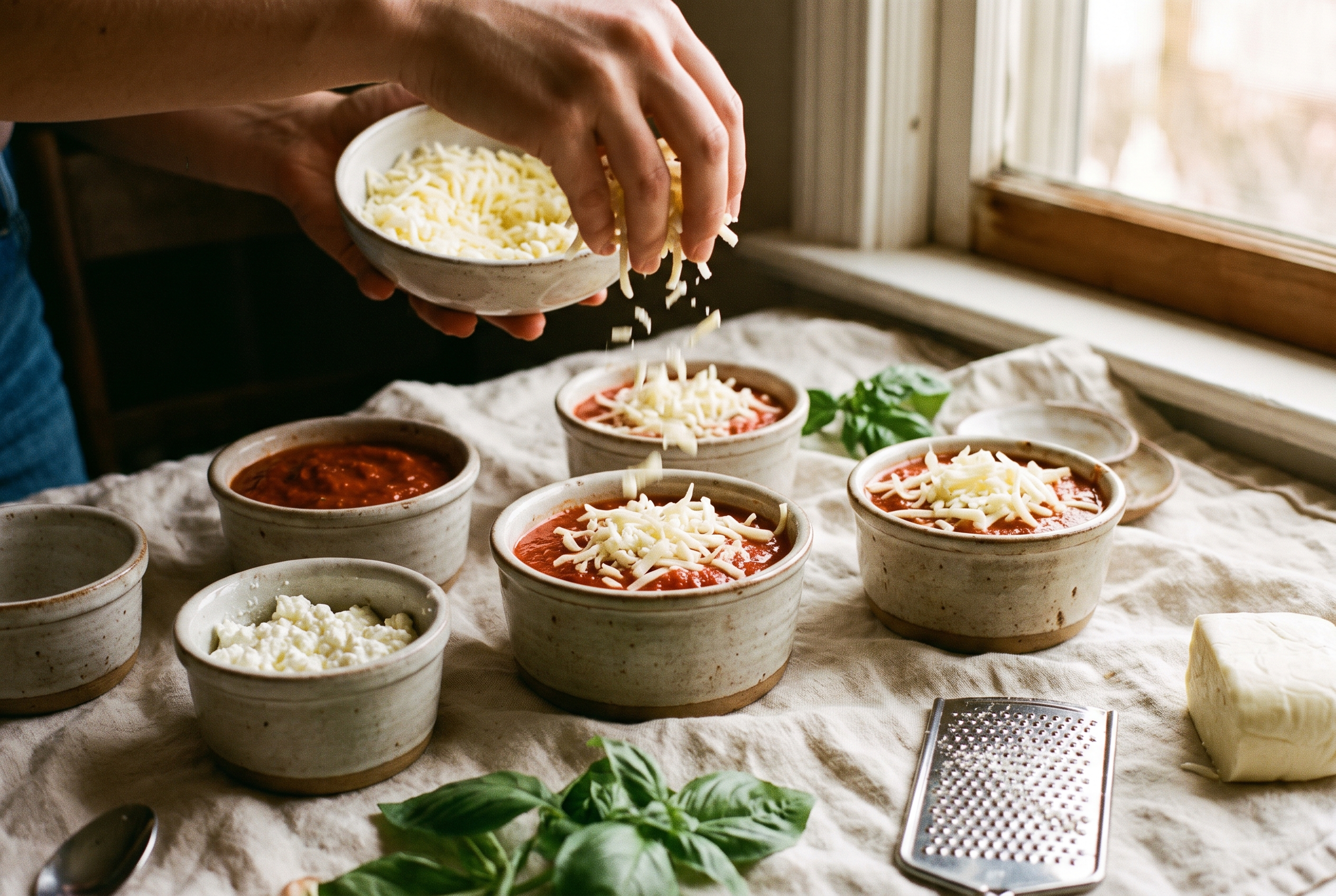 Shredded mozzarella sprinkled over marinara-topped cottage cheese pizza bowls