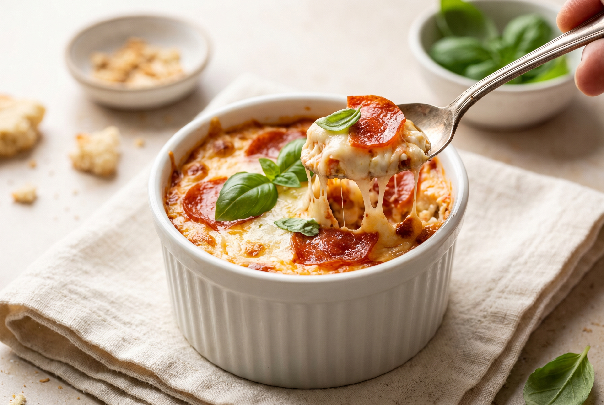 Spoon lifting a cheesy bite from a cottage cheese pizza bowl with melted mozzarella pull and pepperoni